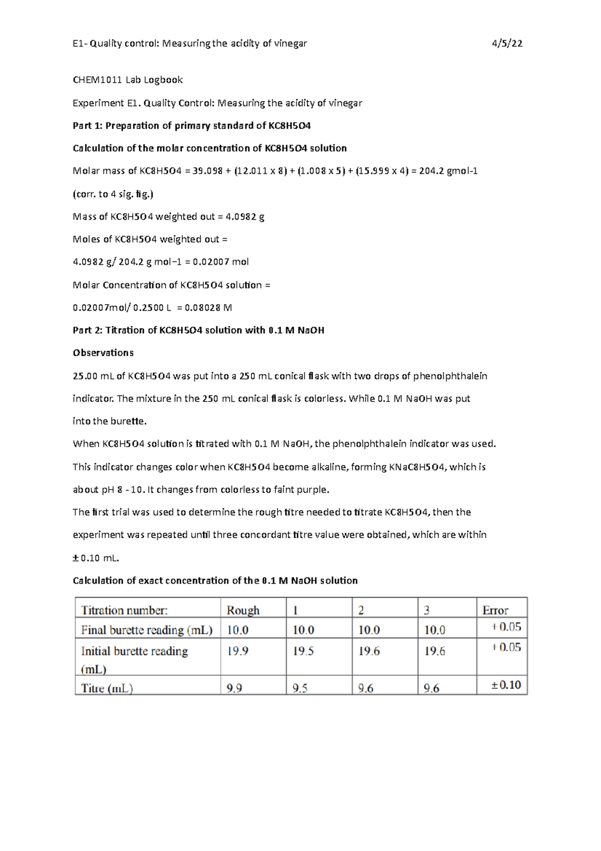 Logbook E1 Quality control Measuring the acidity of vinegar 4/5