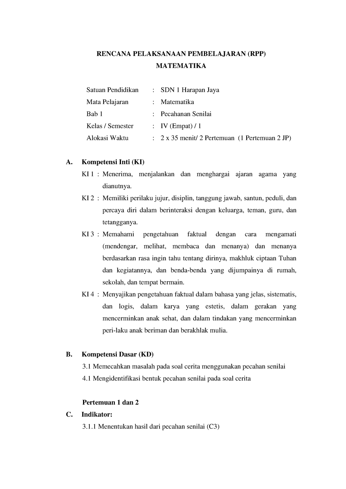 KEL 5 RPP Matematika Kelas 4 2B - RENCANA PELAKSANAAN PEMBELAJARAN (RPP ...