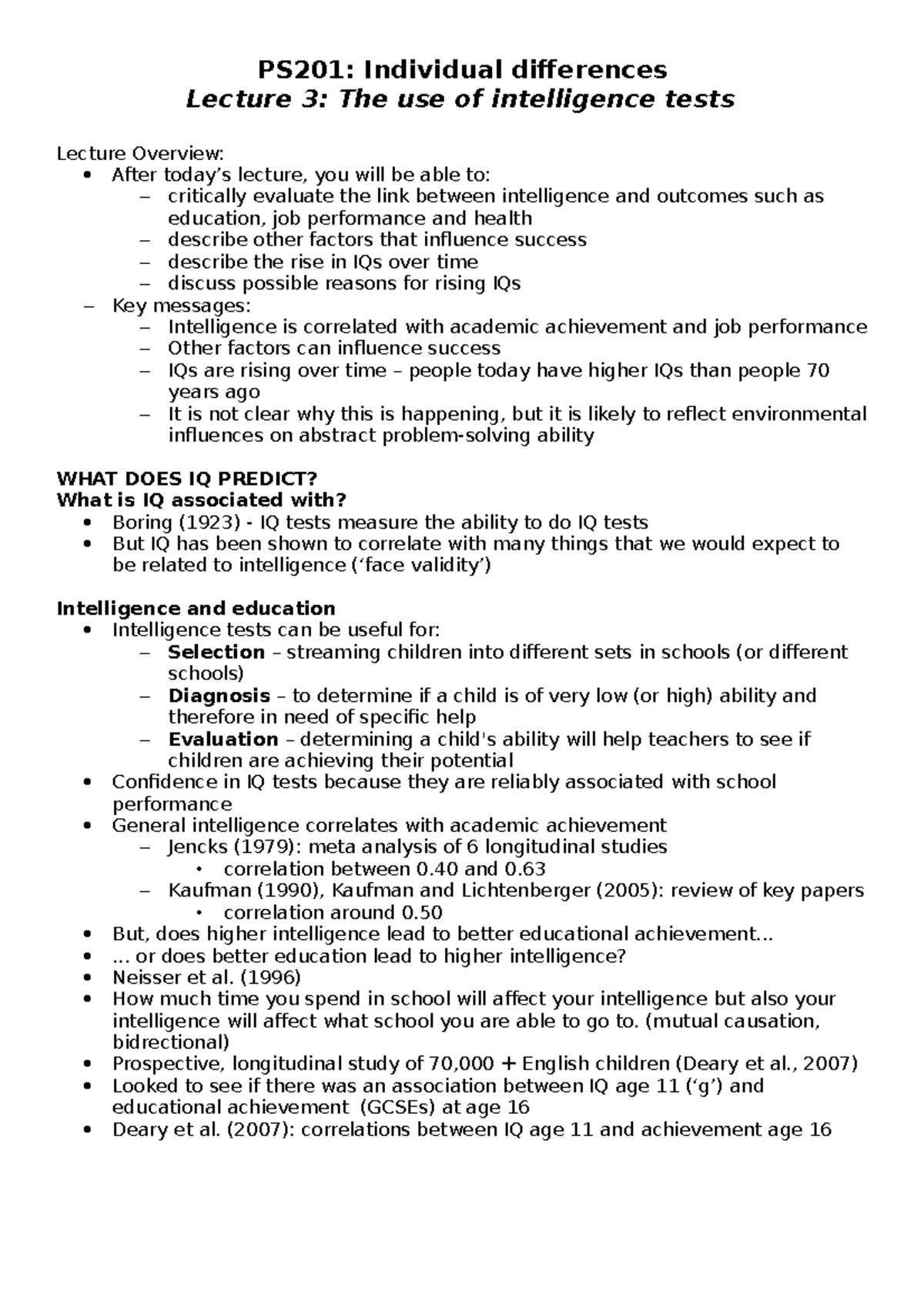 Lecture 3- The use of intelligence tests - PS201: Individual ...