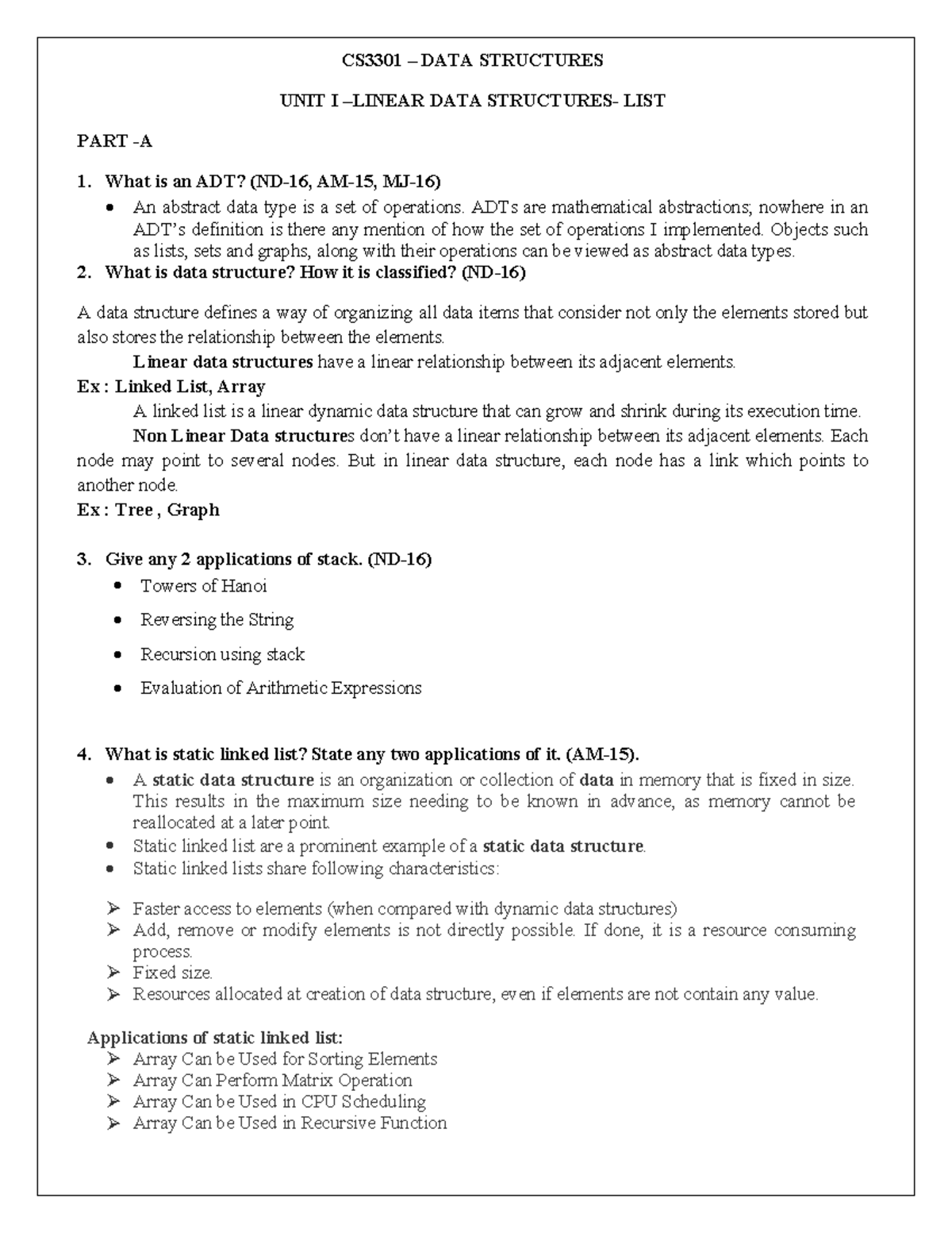 Unit - I - Materials. - CS3301 – DATA STRUCTURES UNIT I –LINEAR DATA ...
