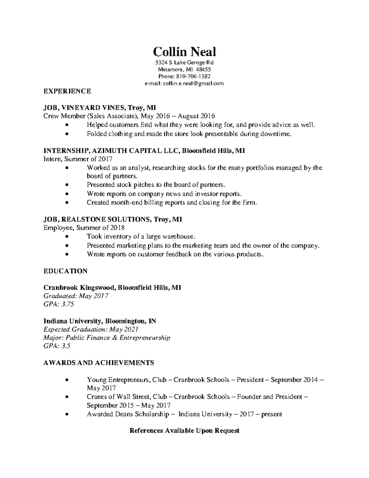 Memo, Resume, Job Desc., & Cover Letter - Collin Neal 5324 S Lake ...