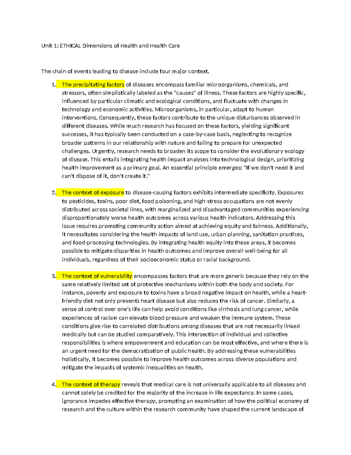 Unit 1 notes - Unit 1 summaries - Unit 1: ETHICAL Dimensions of Health ...