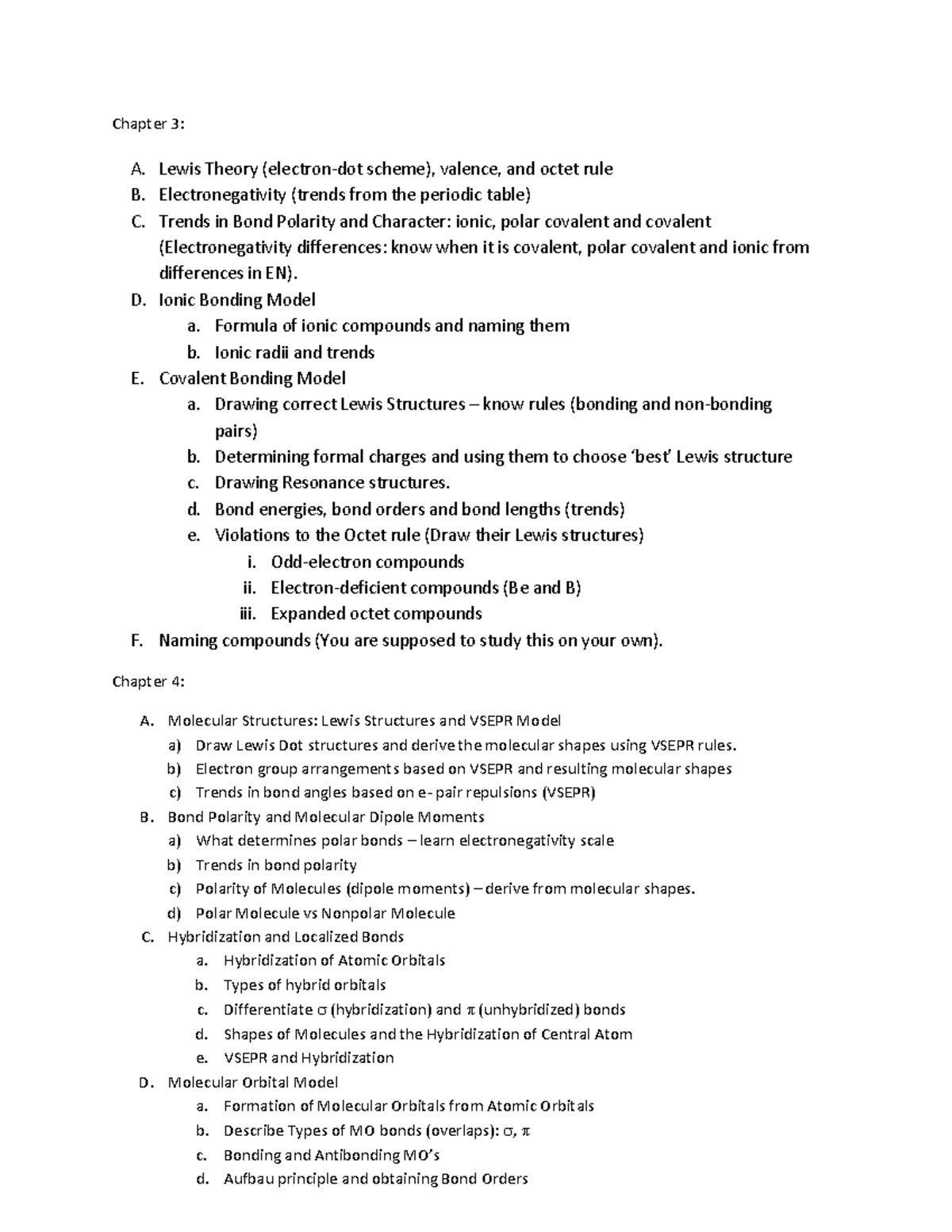 CHEM 1331 Review Plan for Second Exam - Chapter 3: A. Lewis Theory ...