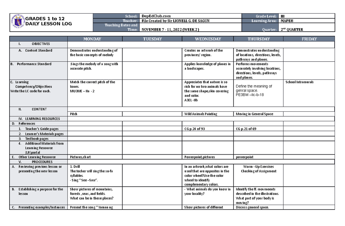 DLL Mapeh 3 Q2 W2 - DLL - GRADES 1 to 12 DAILY LESSON LOG School ...