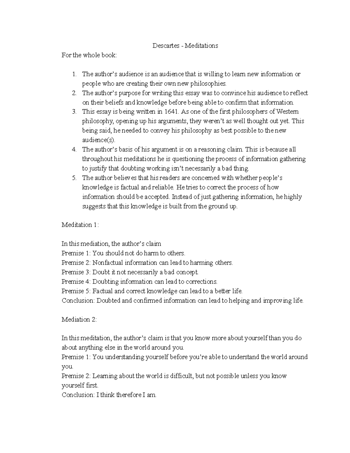 Descartes Mediations - Assignment Analysis - Descartes - Meditations ...