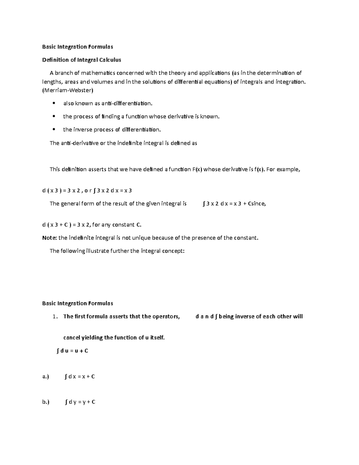 Calculus 2 - Lecture notes 3-7 - Basic Integration Formulas Definition ...
