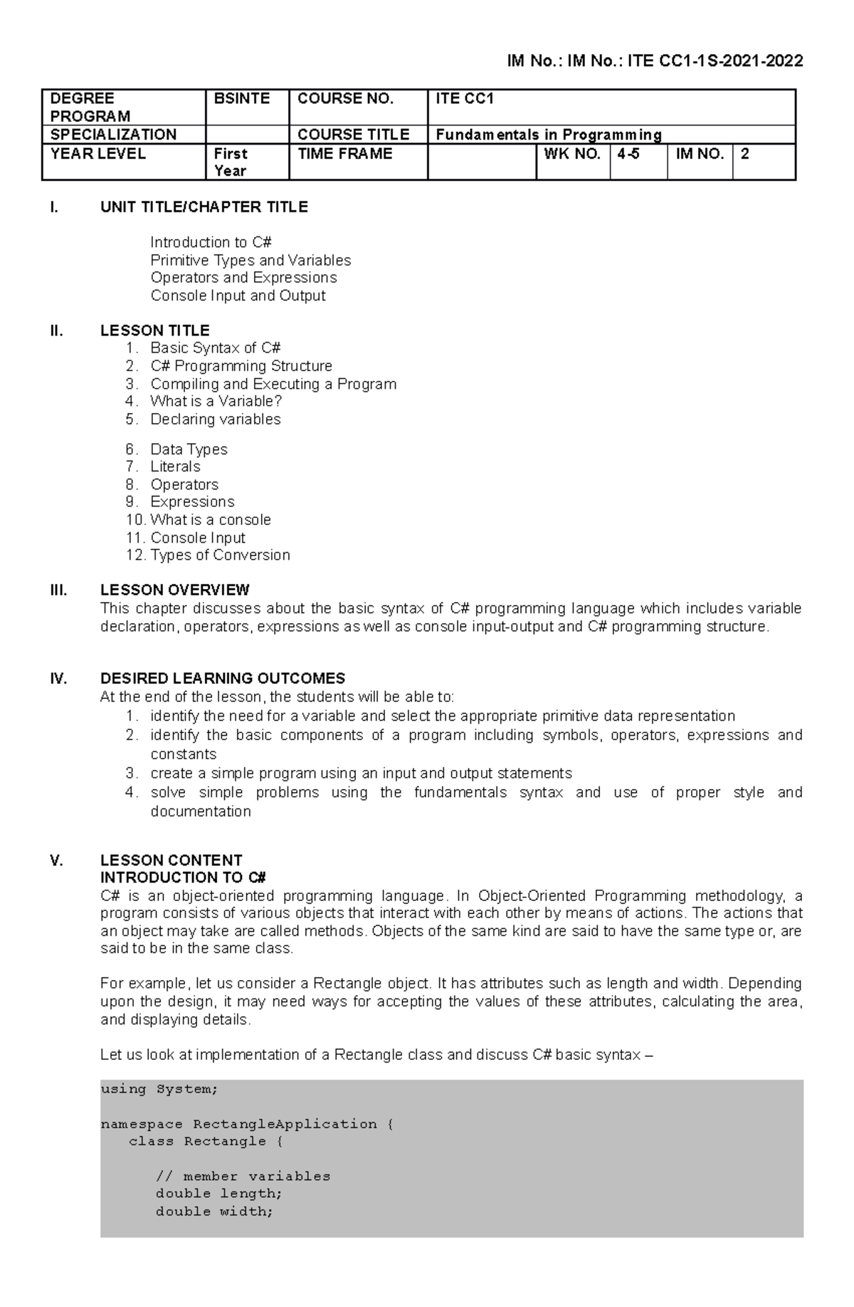 Fundamentals in Programming - Module 2 - DEGREE PROGRAM BSINTE COURSE ...