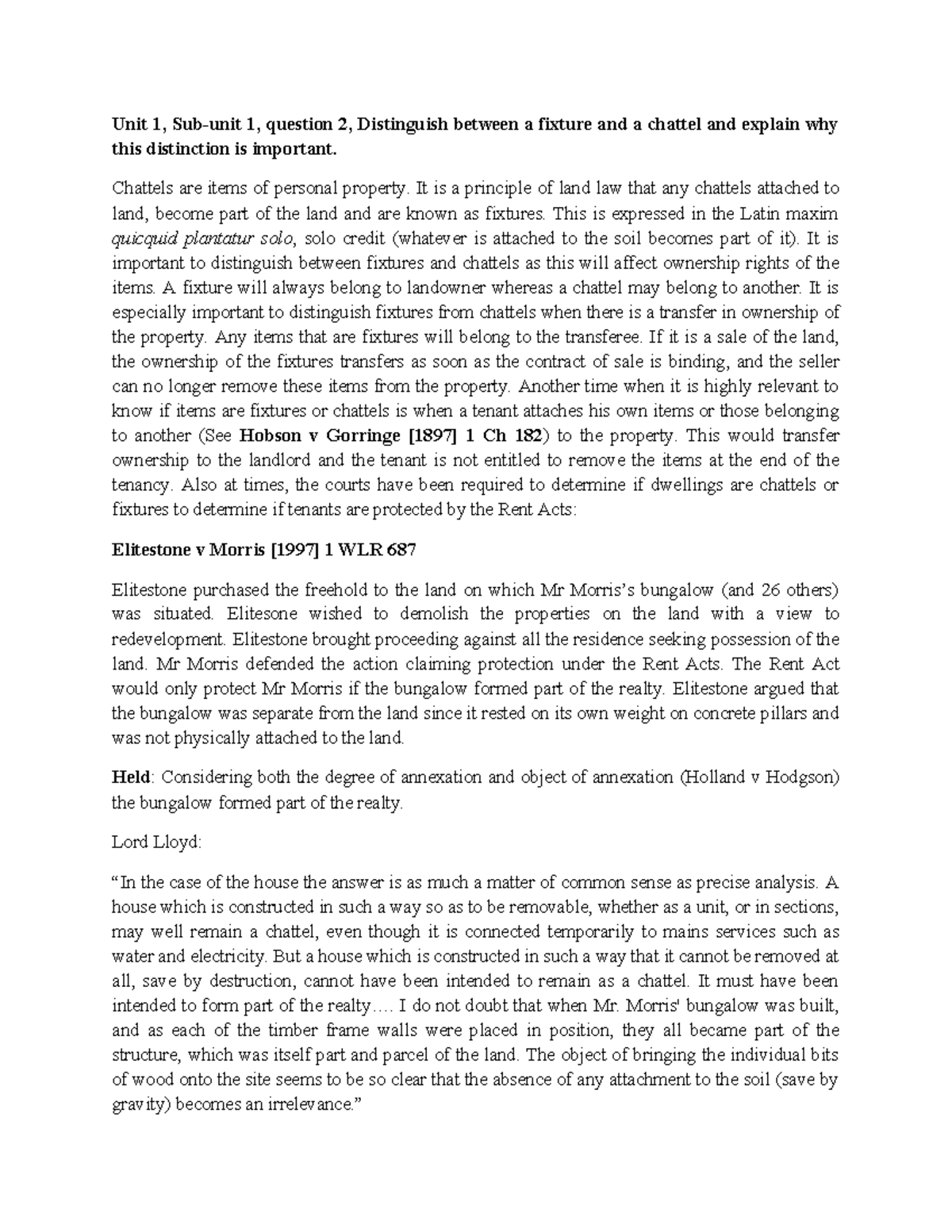 Unit 1, Subunit 1, question 2, Distinguish between a fixture and a