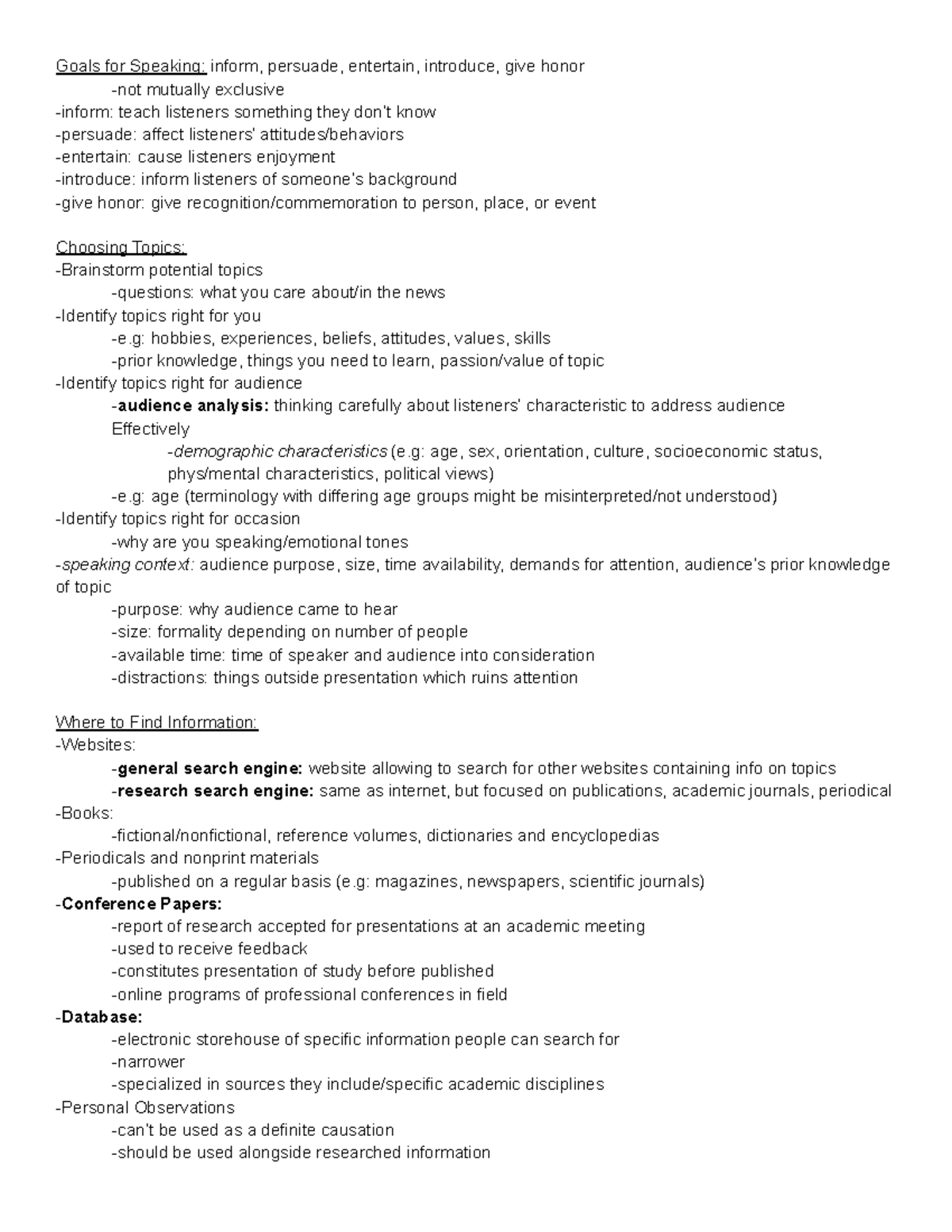 Comms 103 CH 11 Notes - Goals for Speaking: inform, persuade, entertain ...