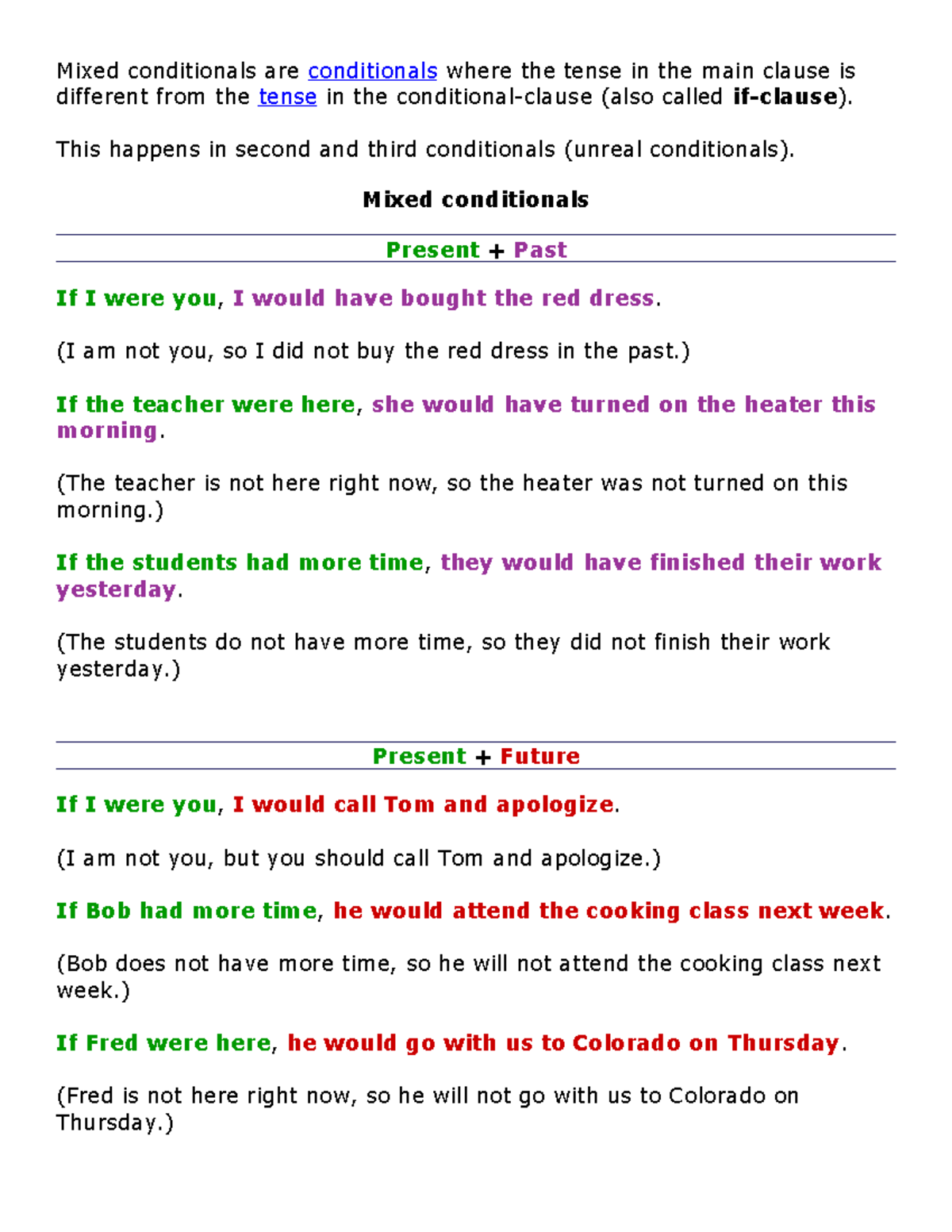 Mixed Conditionals - This happens in second and third conditionals ...