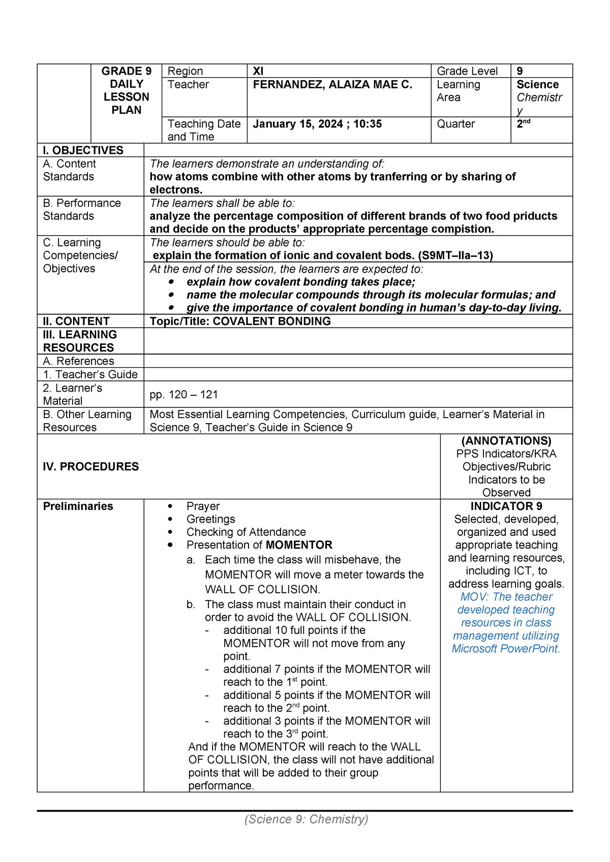 Covalent Bonding - GRADE 9 DAILY LESSON PLAN Region XI Grade Level 9 ...