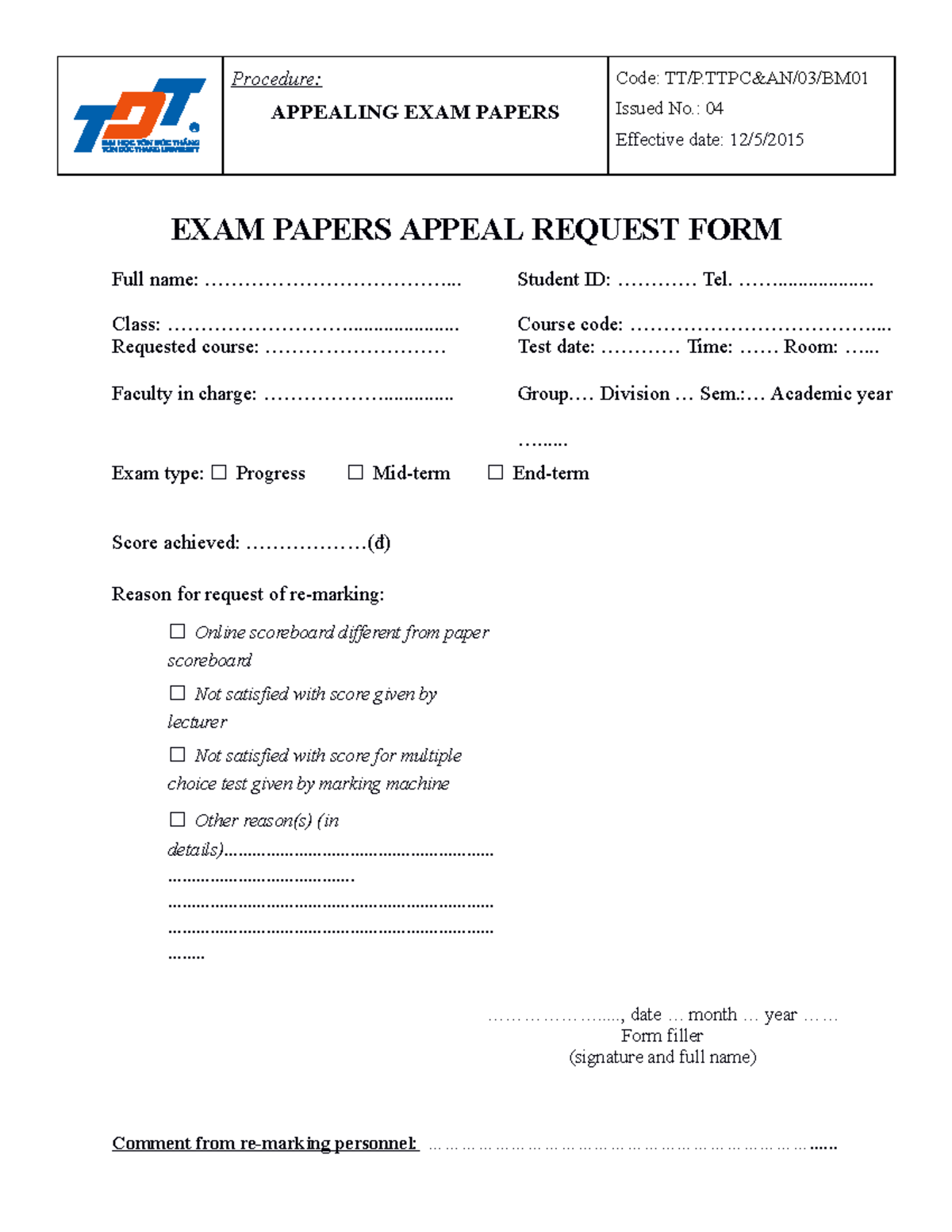 Dondenghiphuckhaobaithi en Procedure APPEALING EXAM PAPERS