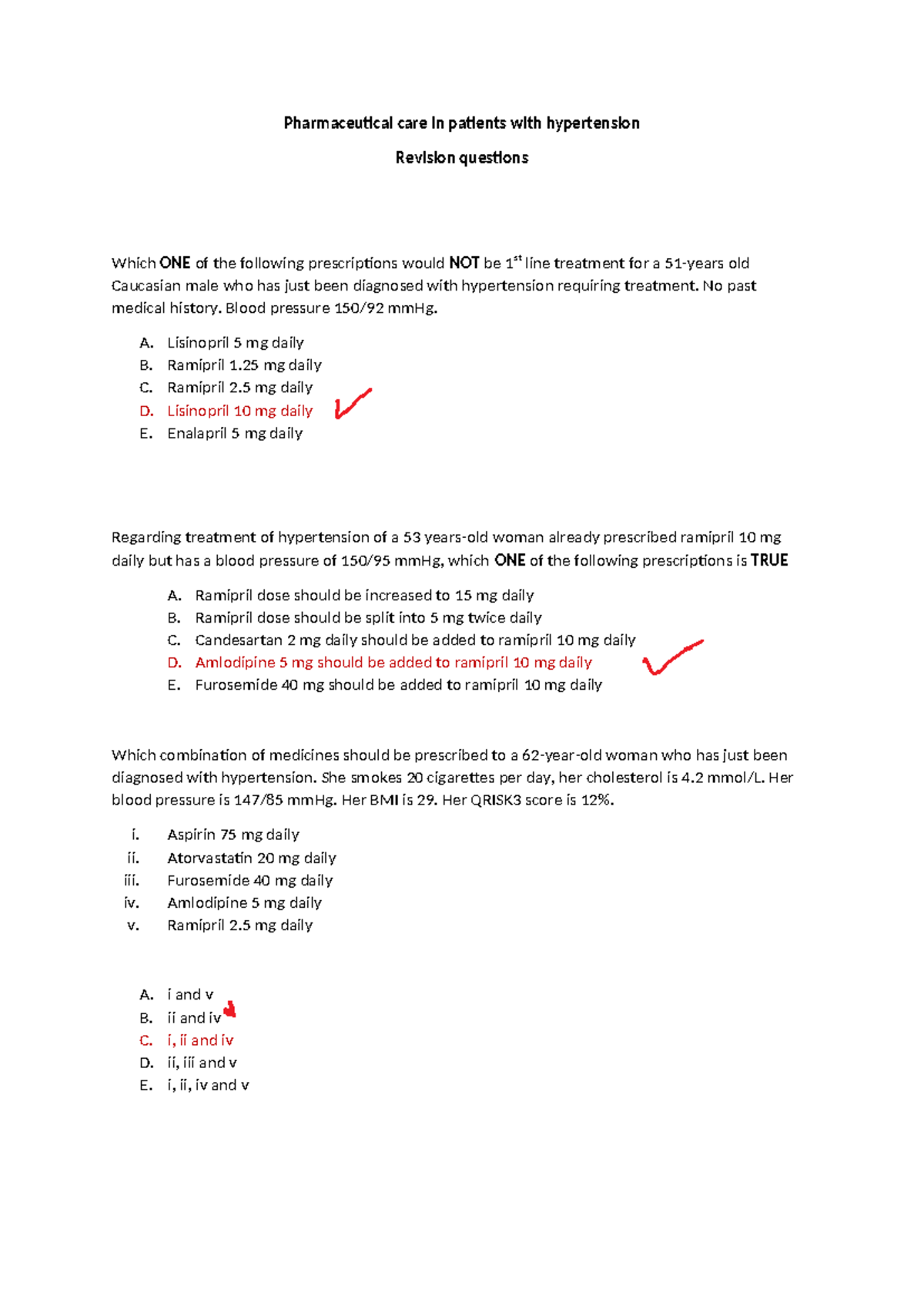 Revision questions MP323 - hypertension 2023 - Pharmaceutical care in ...