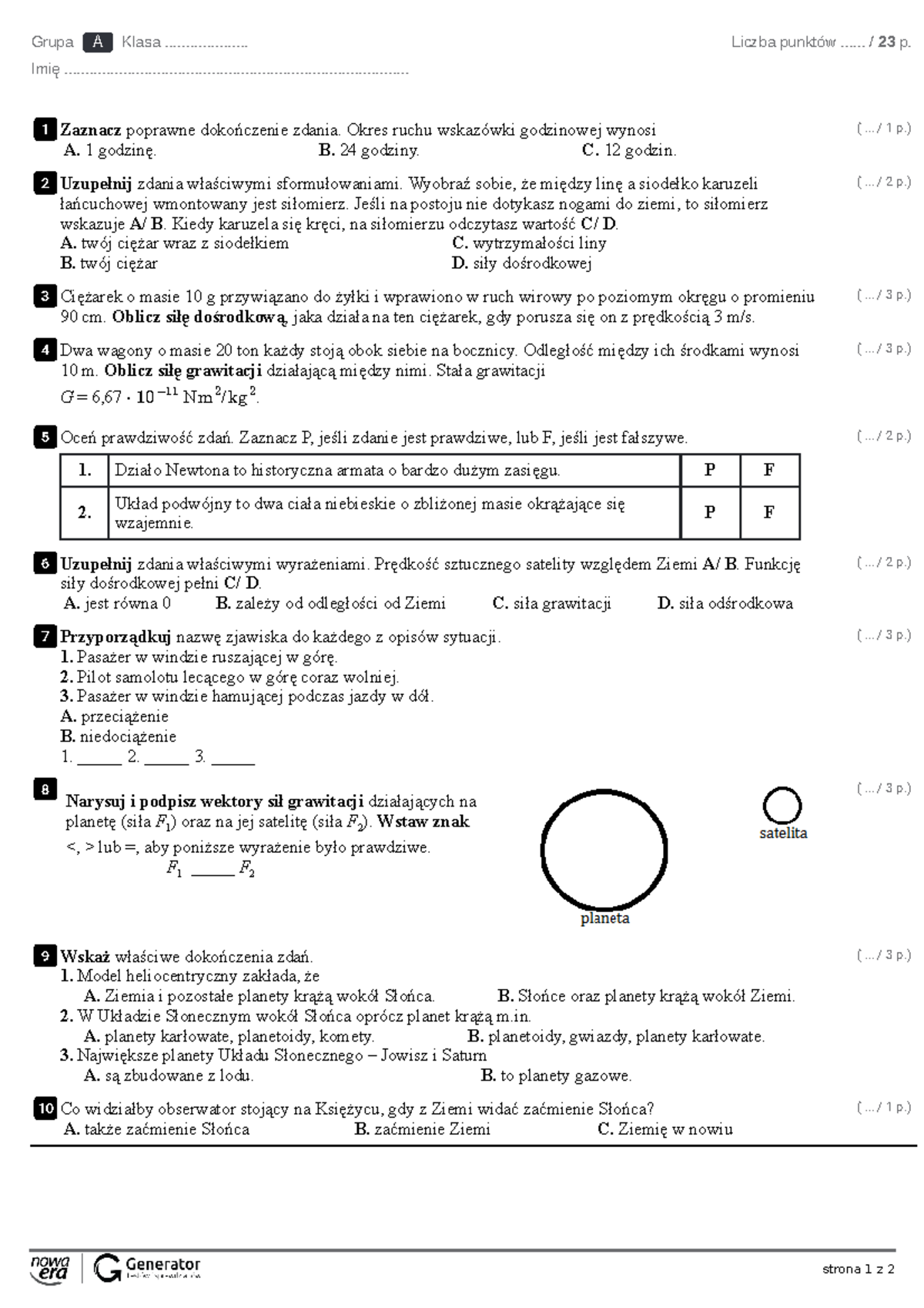 Test 1. Ruch po okręgu i grawitacja Test - ekowydruk - strona 1 z 2