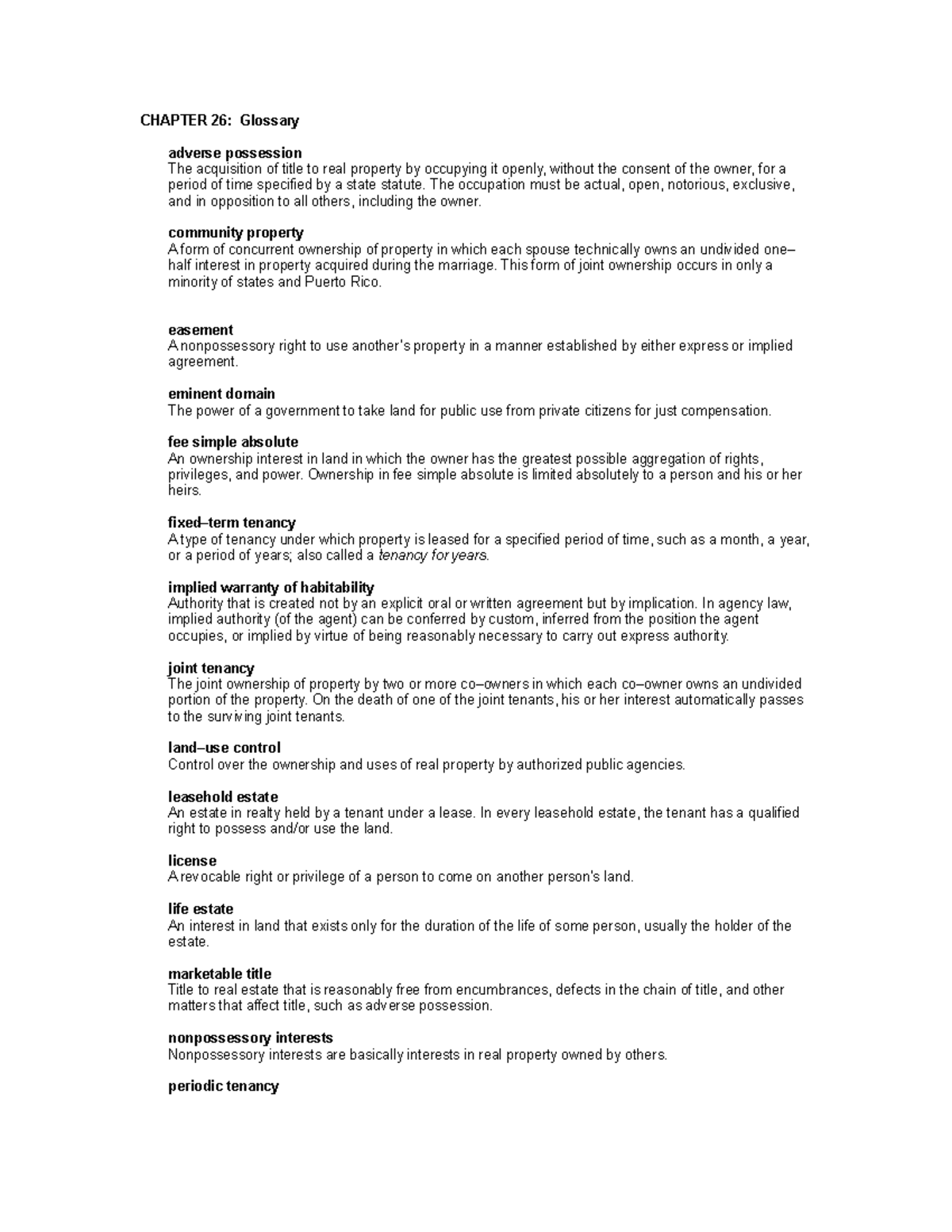 Ch26 Legal Vocabulary - CHAPTER 26: Glossary Adverse Possession The ...