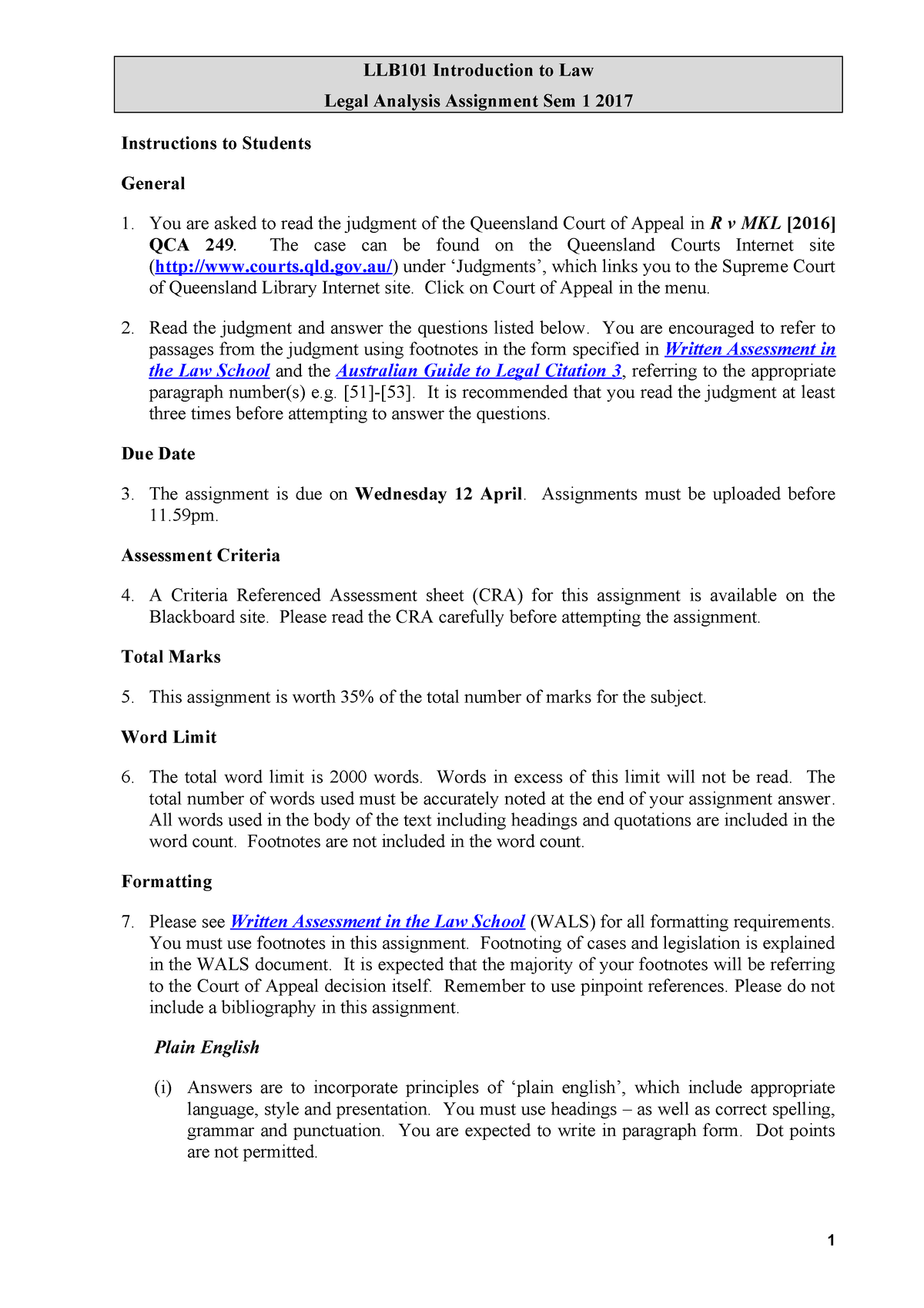 Answer Guide LLB101 Assignment Sem 1 2017 Blackboard(2) - LLB101 ...