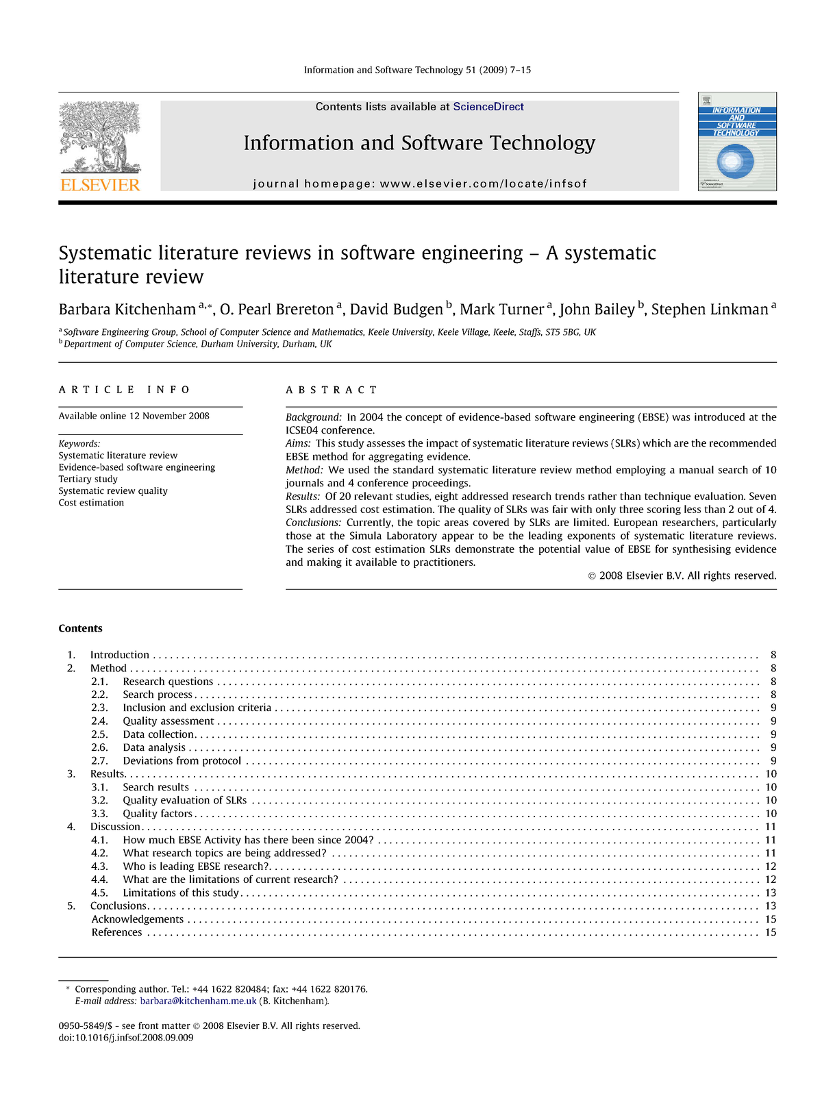 guidelines for performing systematic literature review in software engineering