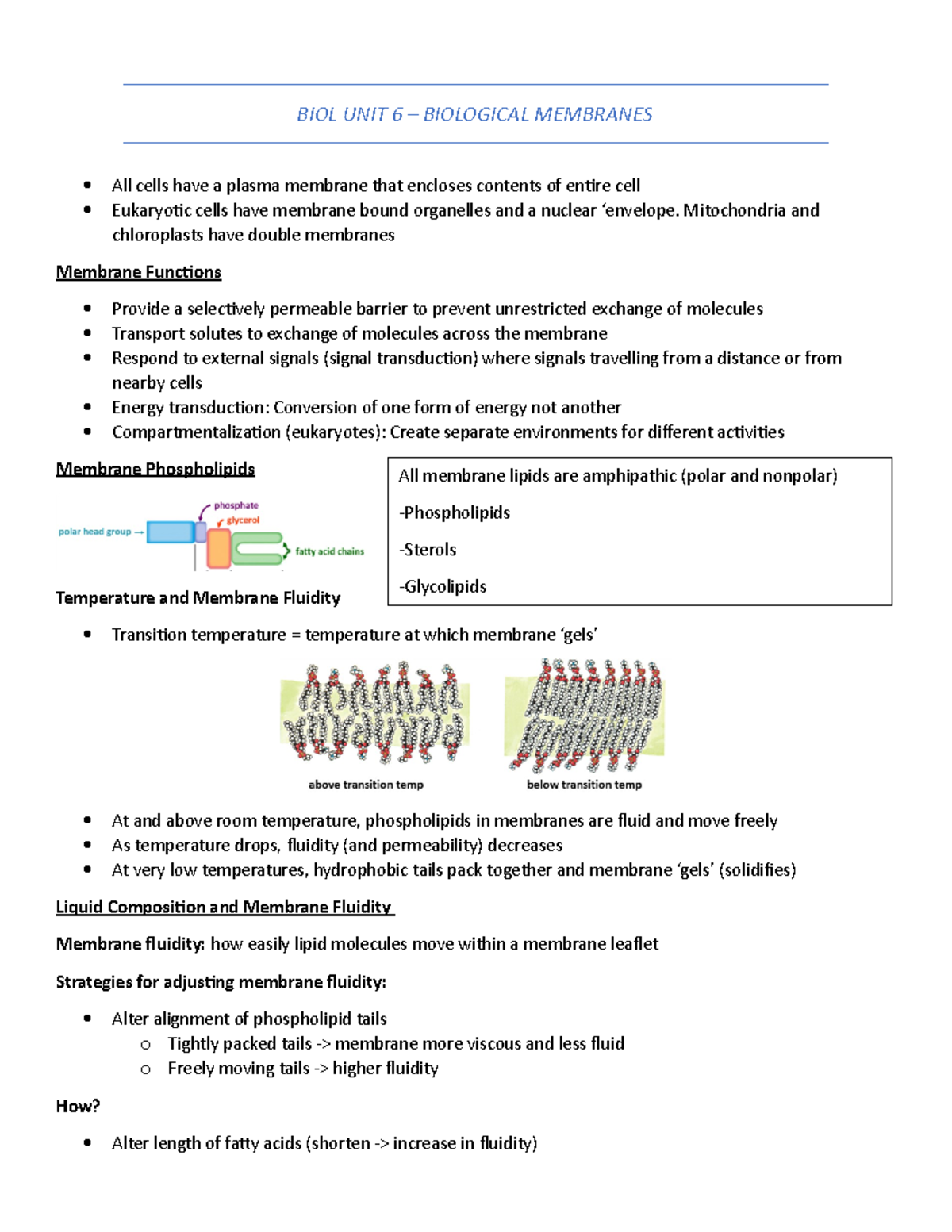 Bio Unit 6 - Lecture Notes 6 - BIOL UNIT 6 – BIOLOGICAL MEMBRANES All ...