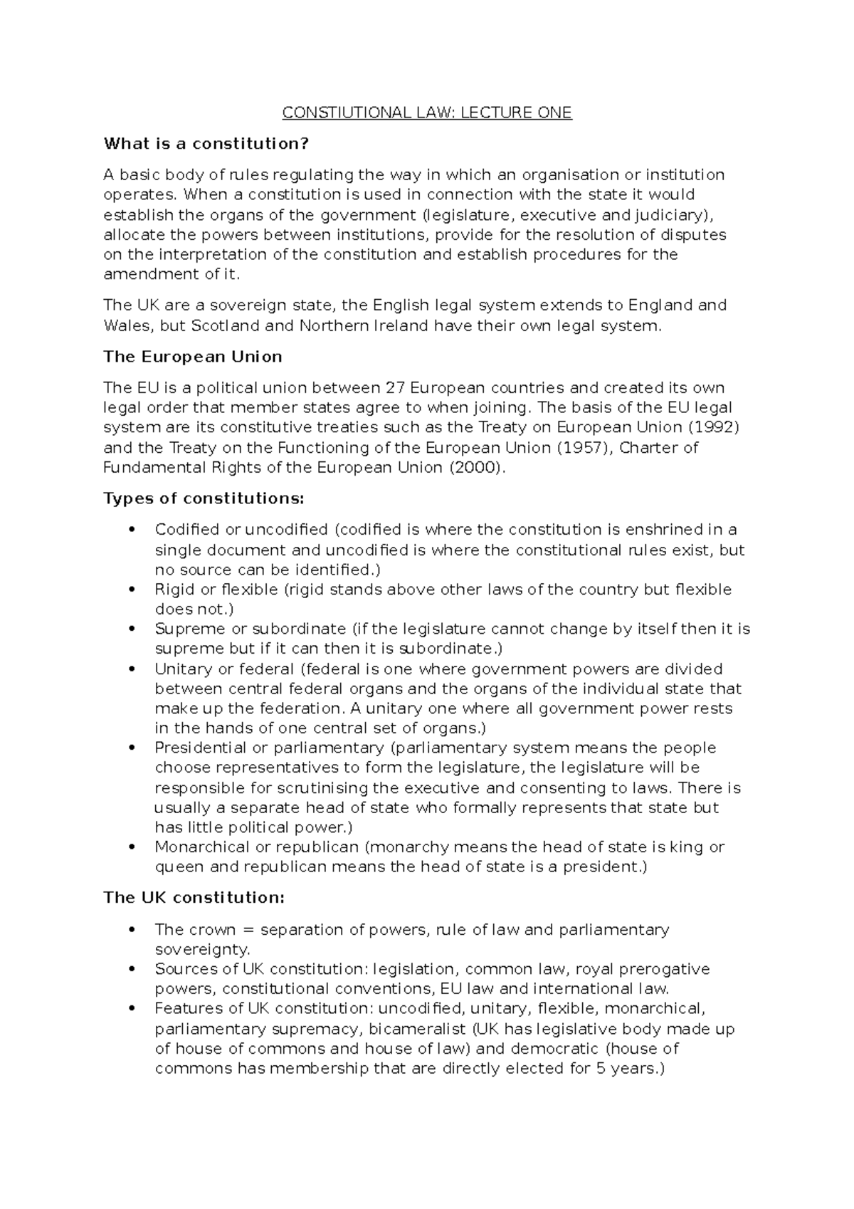 Lecture One 2022 Notes Constiutional Law Lecture One What Is A