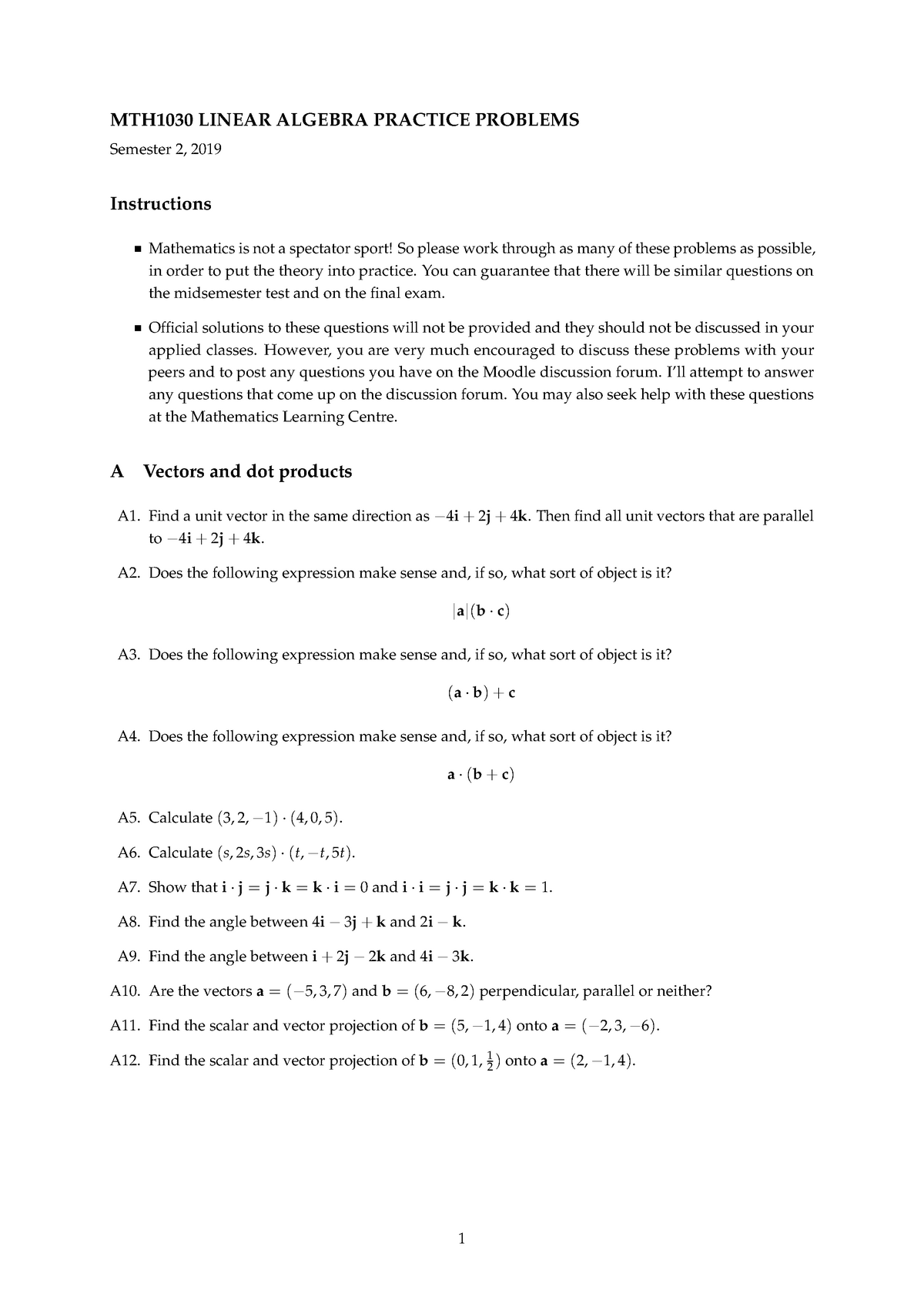 MTH1030 Linear Algebra Practice Problems Final - MTH1030 LINEAR ALGEBRA ...