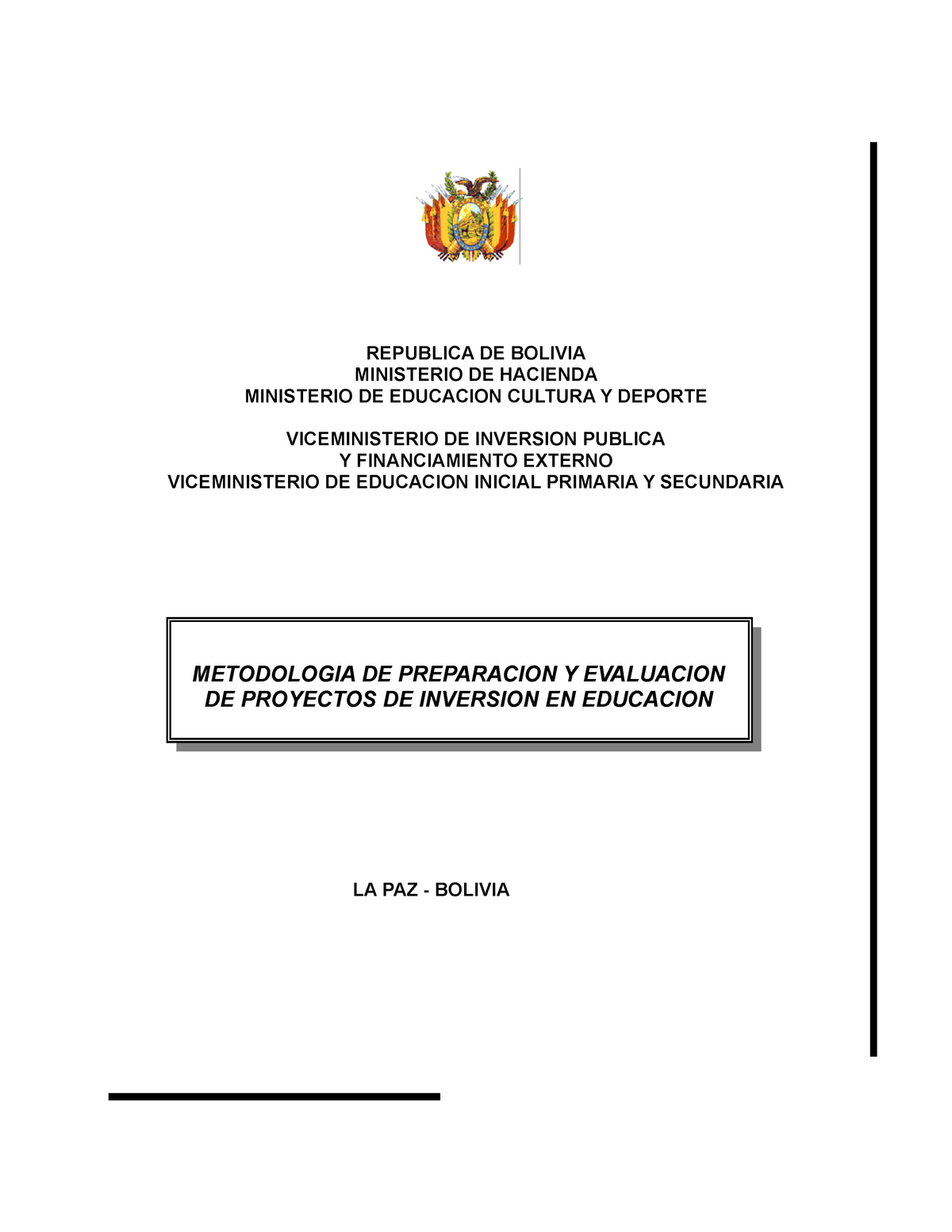 Educacion - Modelo De Proyecto - REPUBLICA DE BOLIVIA MINISTERIO DE ...