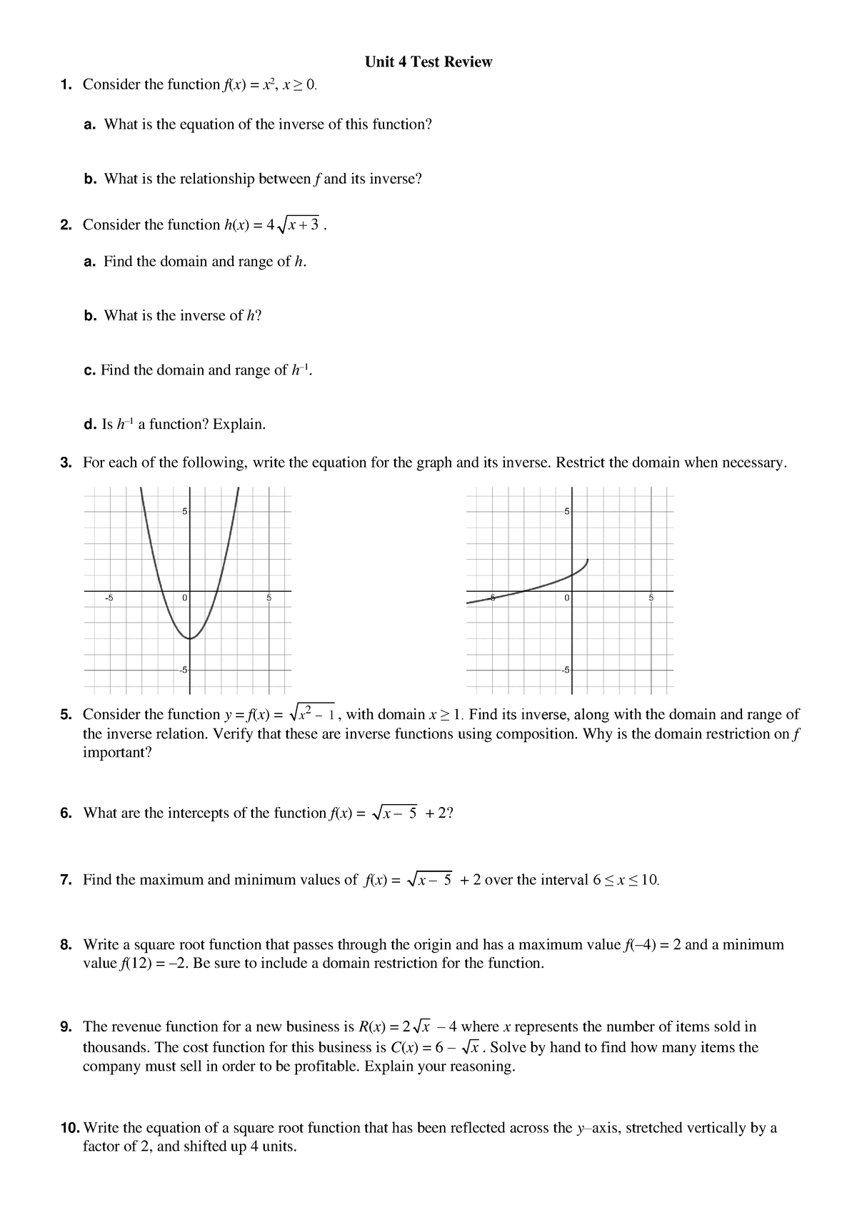 Unit 4 Test Review - Unit 4 Test Review Consider the function f(x) = x ...