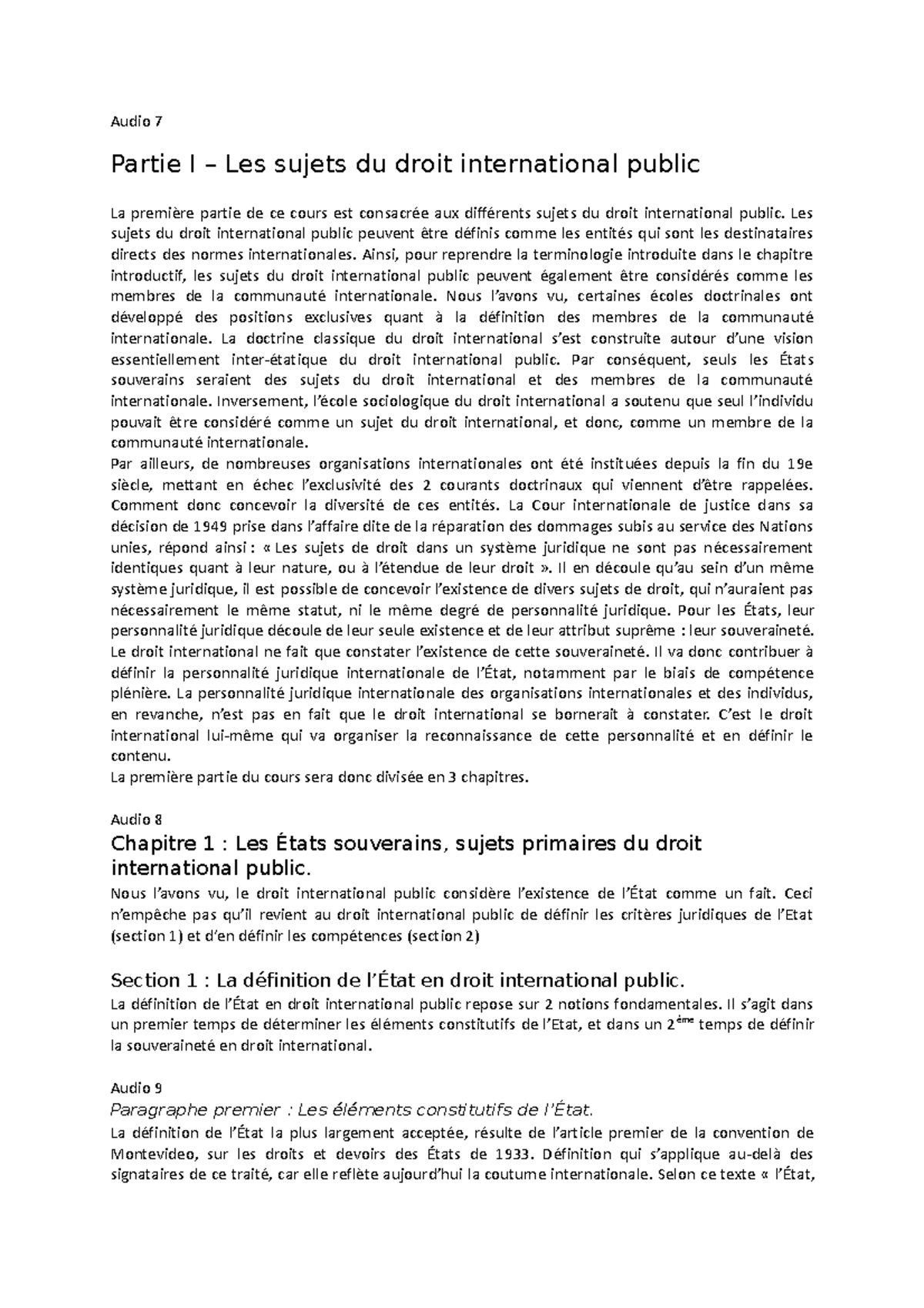 Chapitre 2 et 3 - Audio 7 Partie I – Les sujets du droit international ...