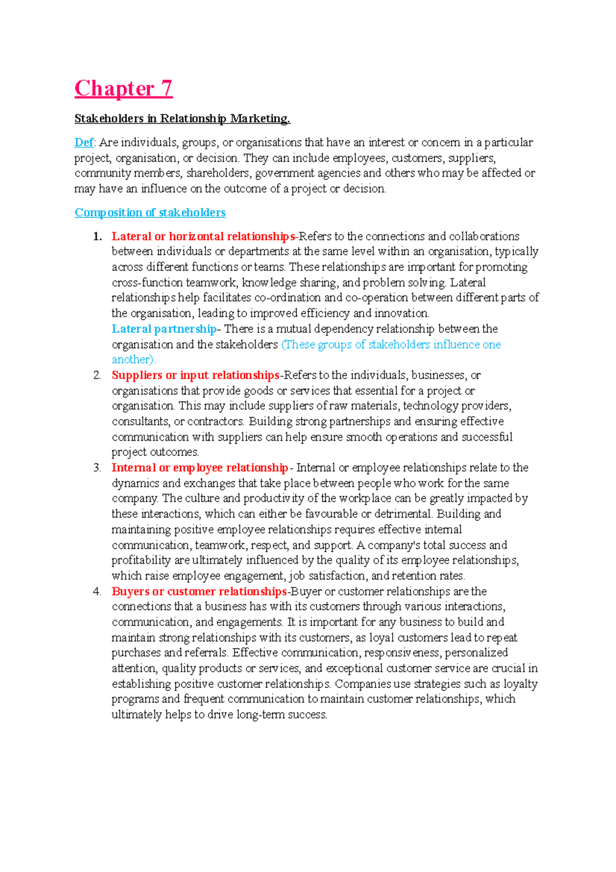 CRM-Chapter 7-notes - notes - Chapter 7 Stakeholders in Relationship ...