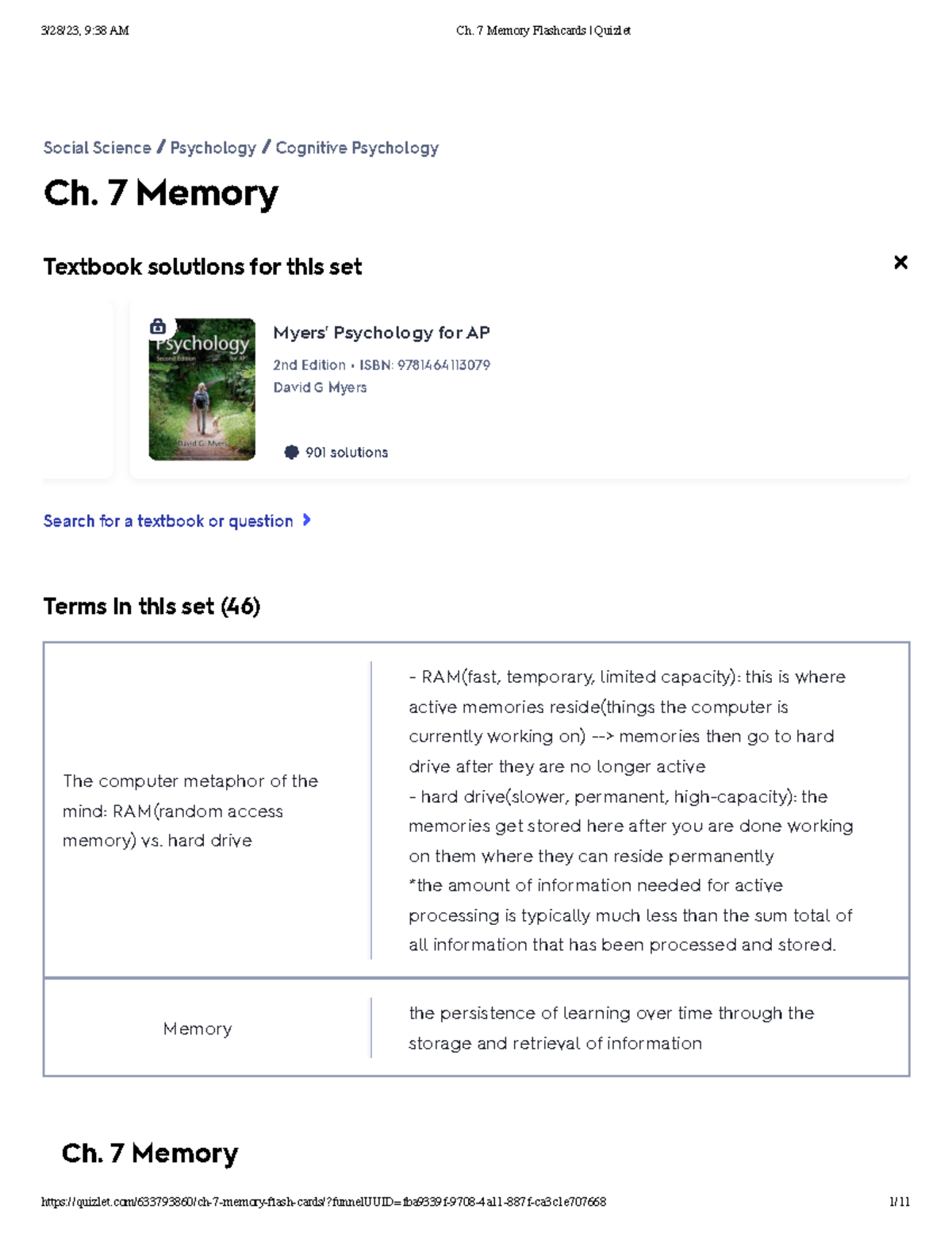 Ch. 7 Memory Flashcards Quizlet - Ch. 7 Memory Social Science ...