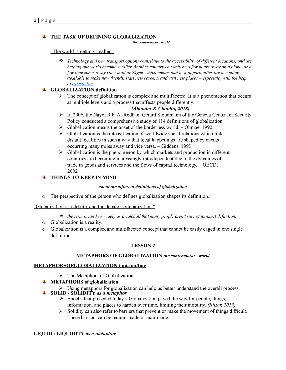 BAGE 3 Reviewer - THE TASK OF DEFINING GLOBALIZATION the contemporary ...