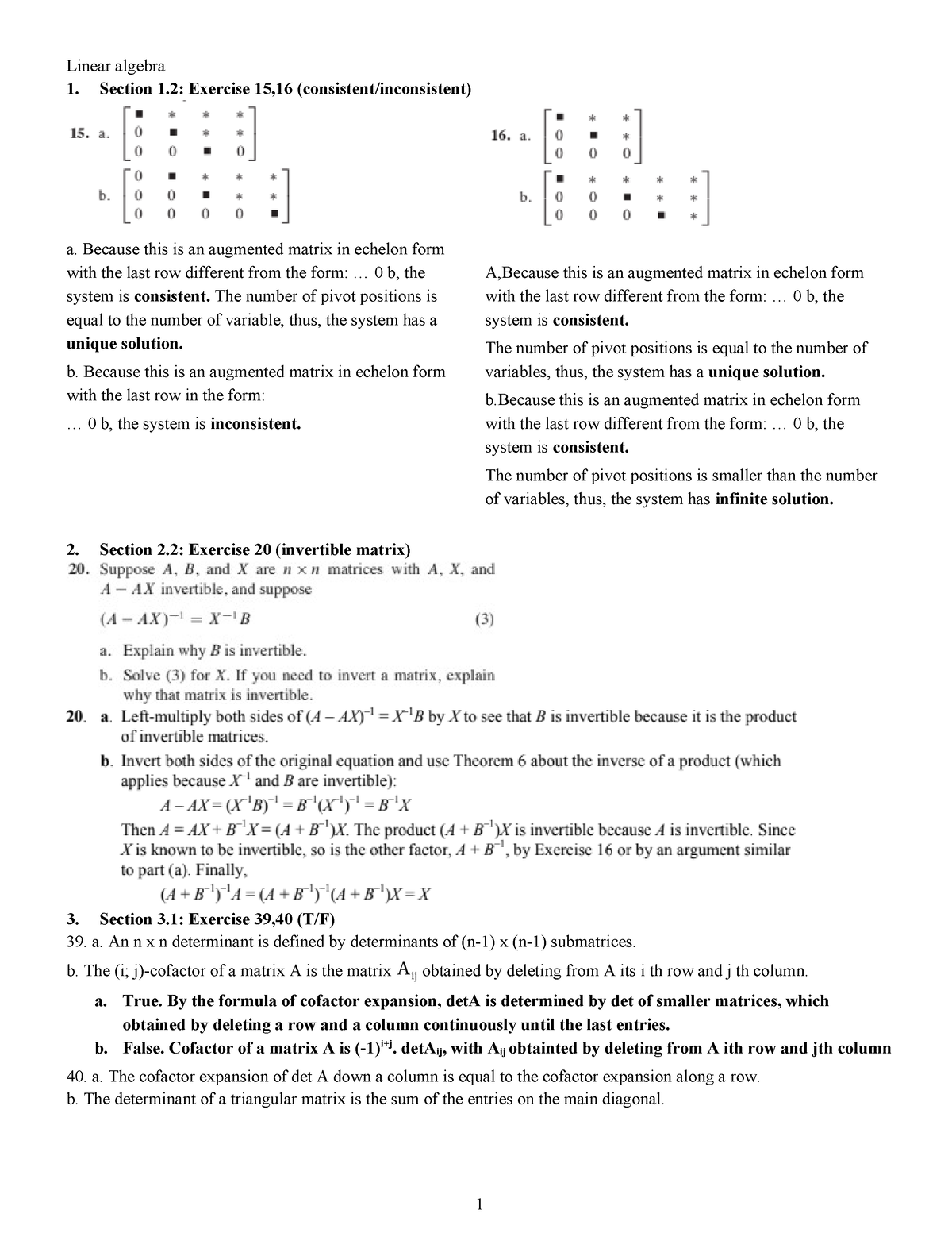 Linear Algebra - Section 1: Exercise 15,16 (consistent/inconsistent) A ...