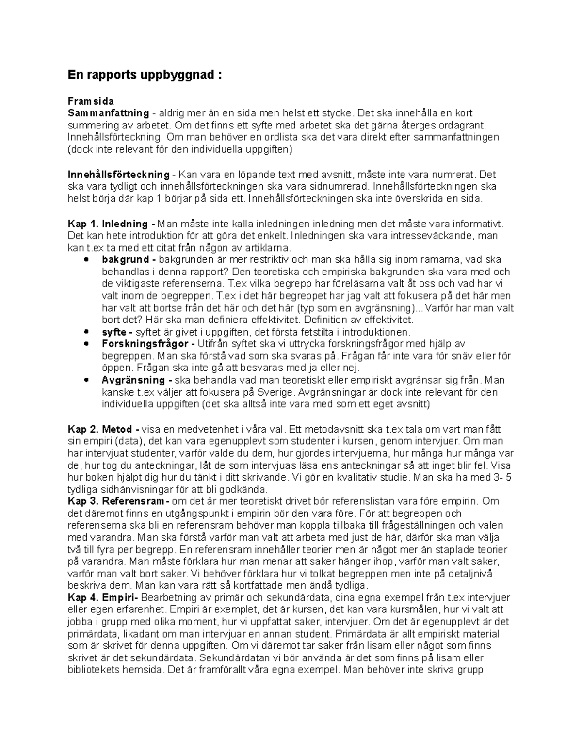 Exempel på en rapports uppbyggnad - En rapports uppbyggnad : Framsida ...