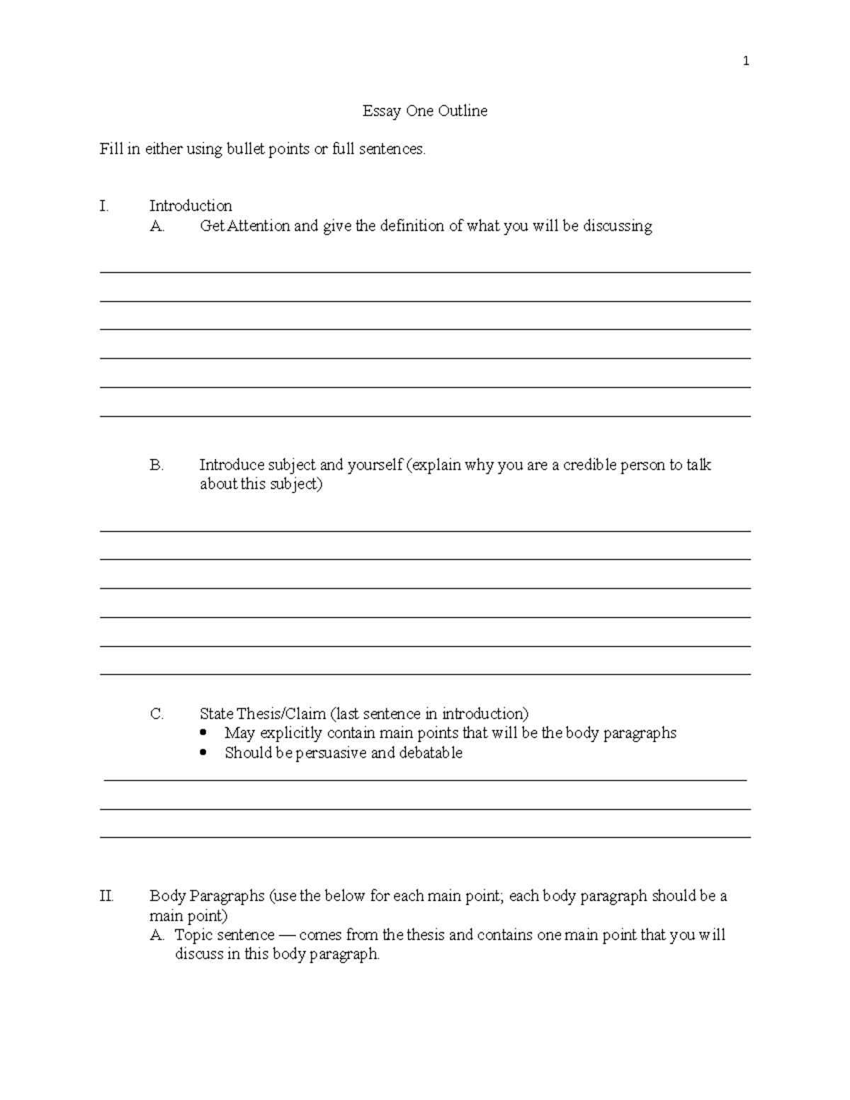 Essay 1 Outline - work - 1 Essay One Outline Fill in either using ...