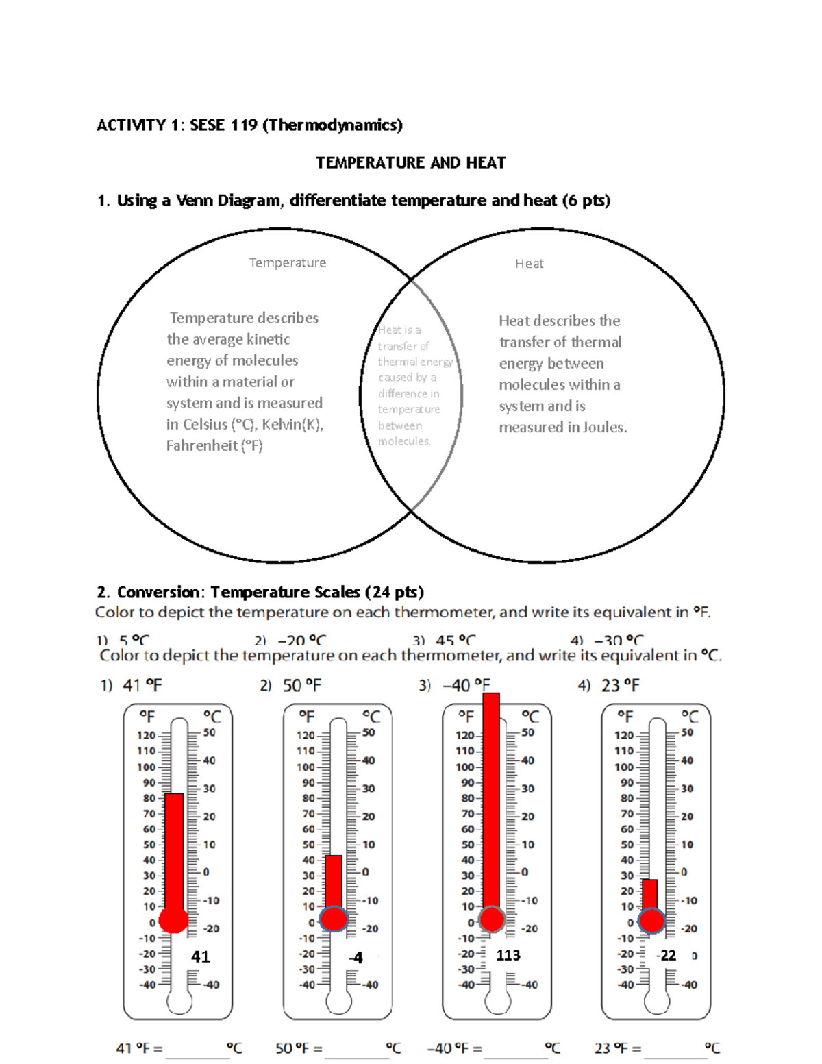 Differentiating Heat from Temperature Activities ACTIVITY 1 SESE 119