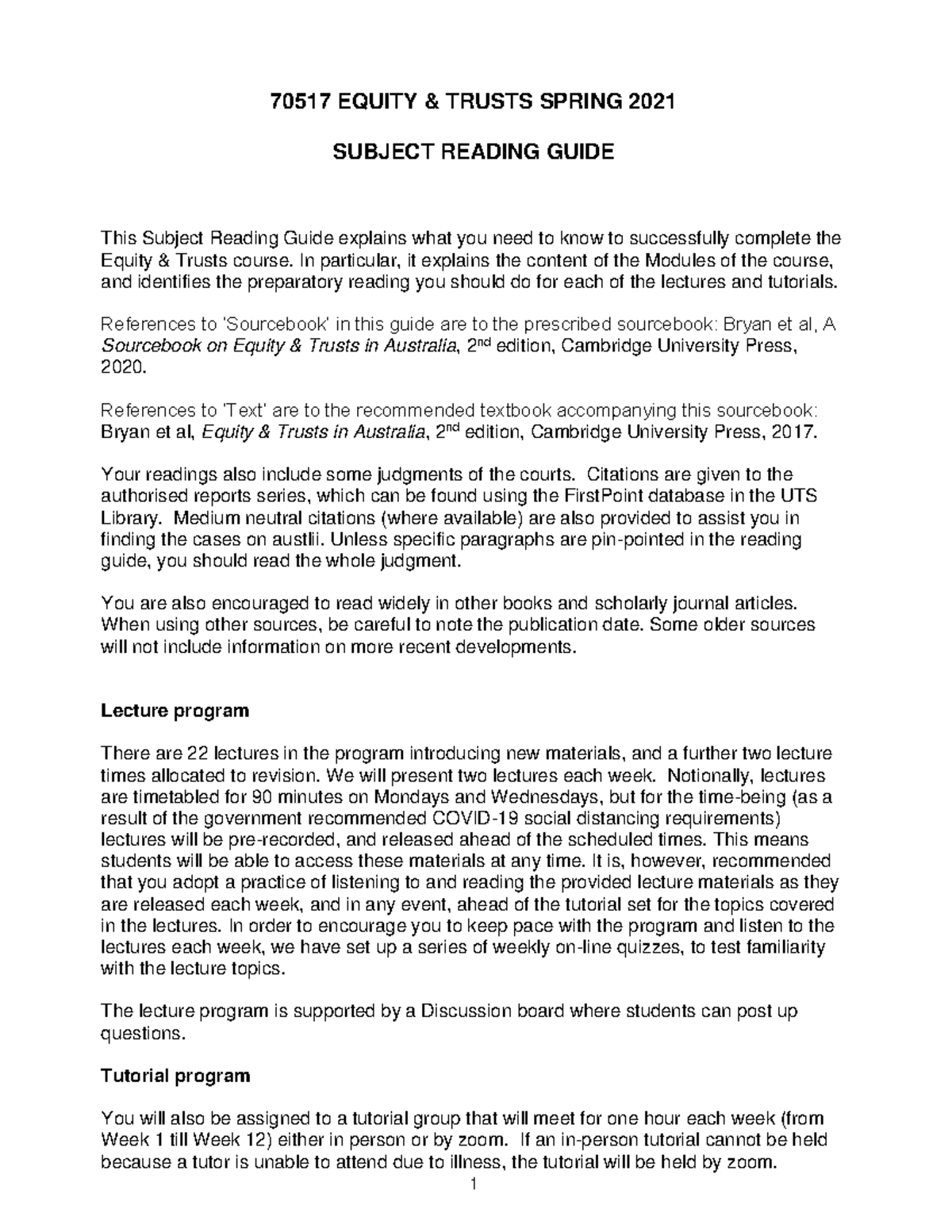 Subject Guidelines - Reading guide - 70517 EQUITY & TRUSTS SPRING 2021 ...