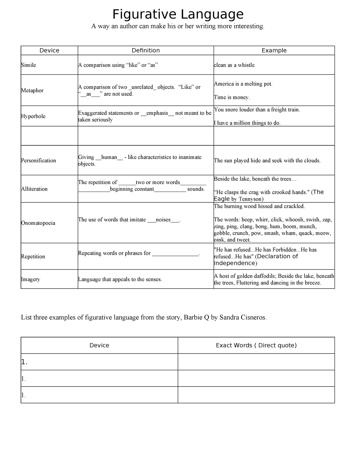 Figurative language graphic organizer - Figurative Language A way an ...