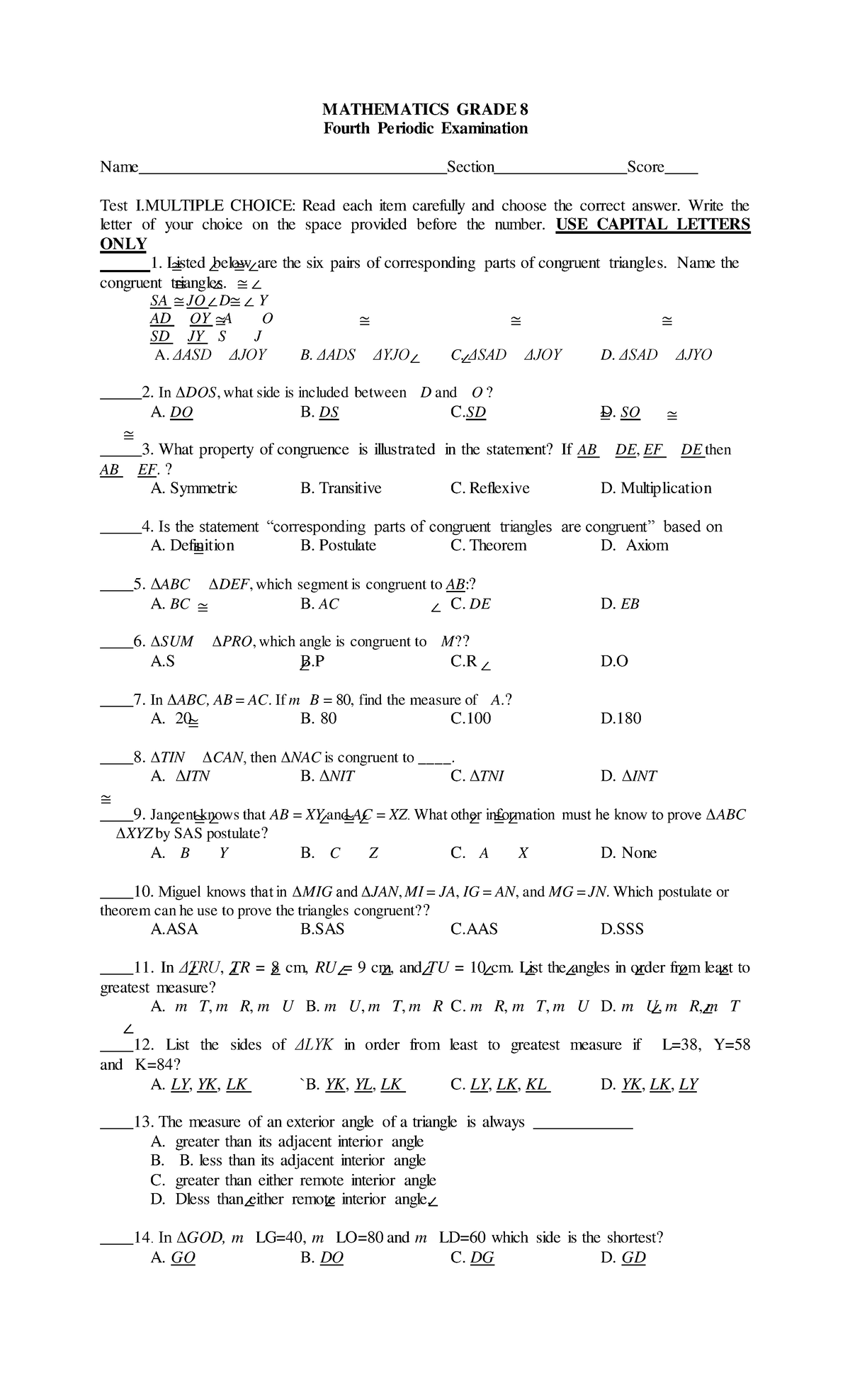 Quarter Examination - MATHEMATICS GRADE 8 Fourth Periodic Examination ...