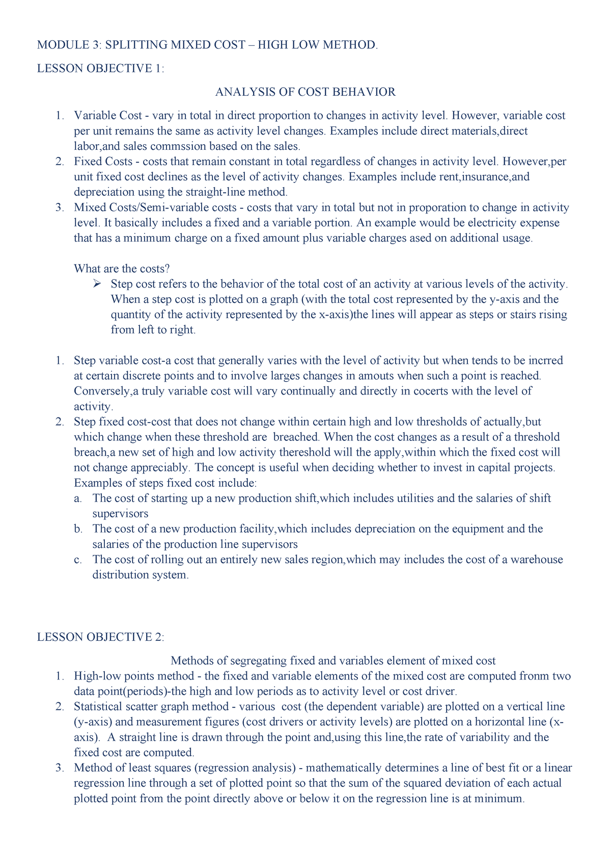 Module 3 FIN073 - analysis cost behavior lecture - MODULE 3: SPLITTING ...