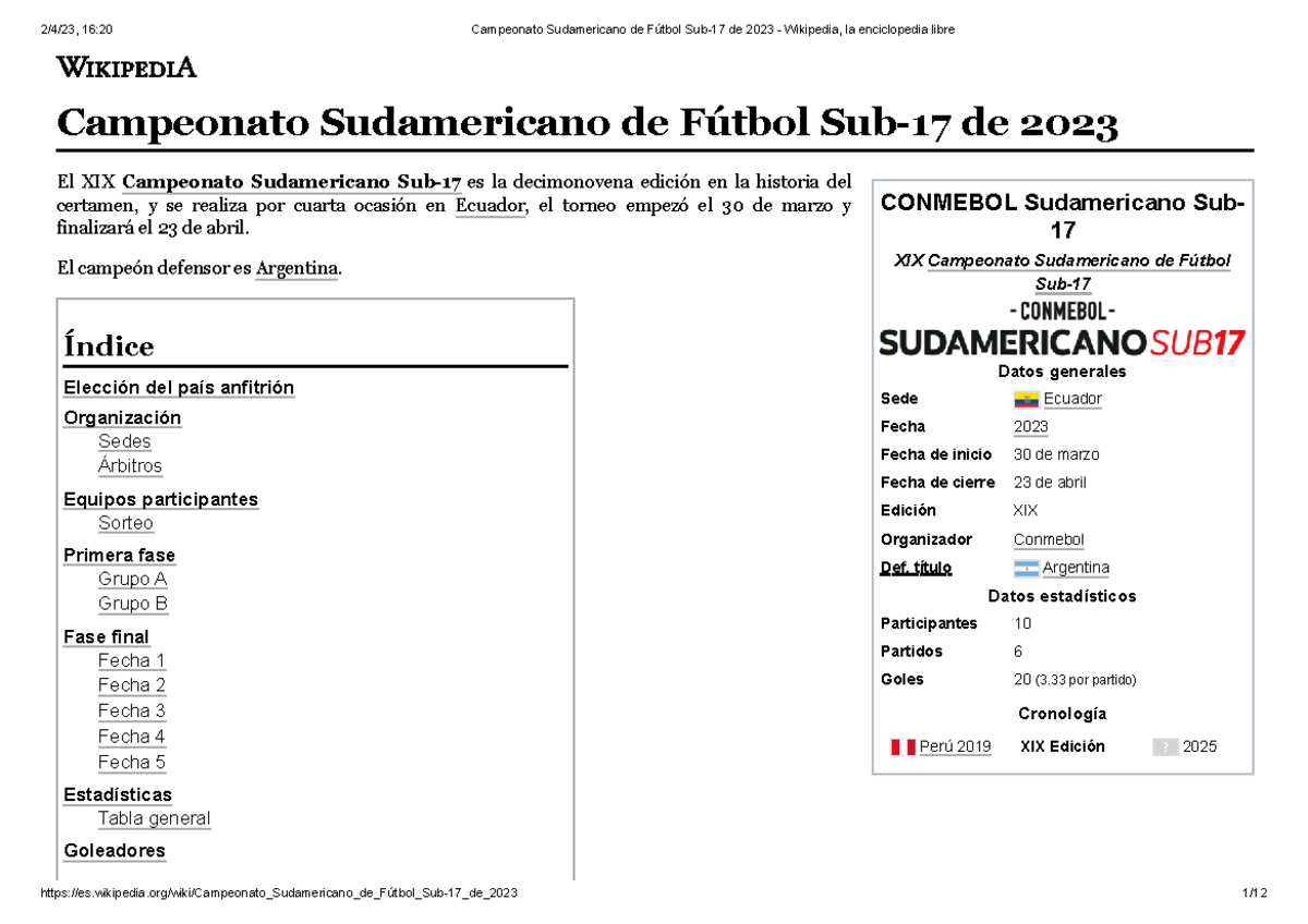 Campeonato Sudamericano de Fútbol Sub17 de 2023 Wikipedia, la