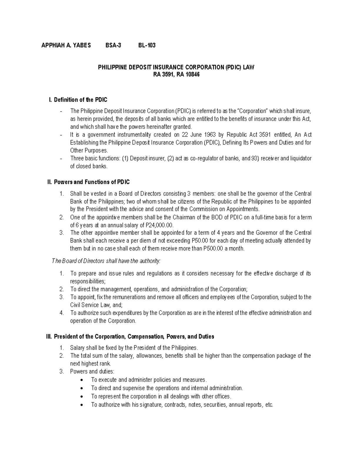 Yabes PDIC LAW knkn APPHIAH A. YABES BSA 3 BL 103 PHILIPPINE