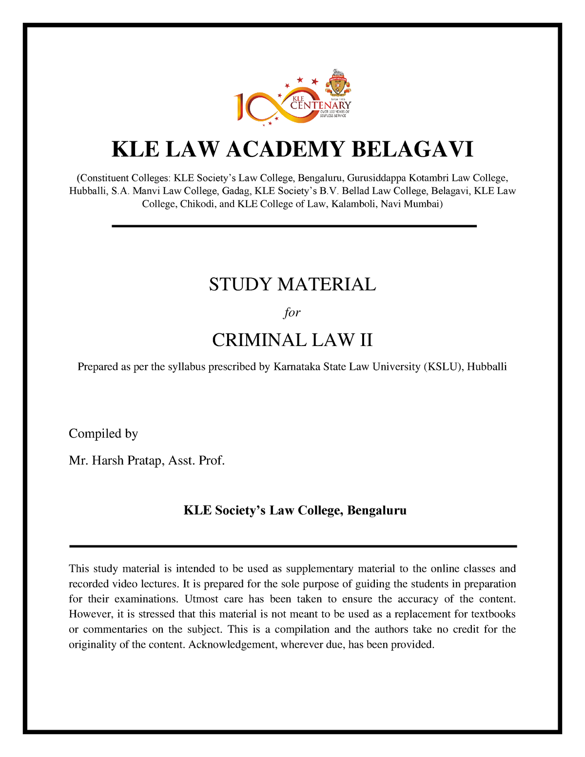 Criminal Law II - COPY - Notes - KLE LAW ACADEMY BELAGAVI (Constituent ...