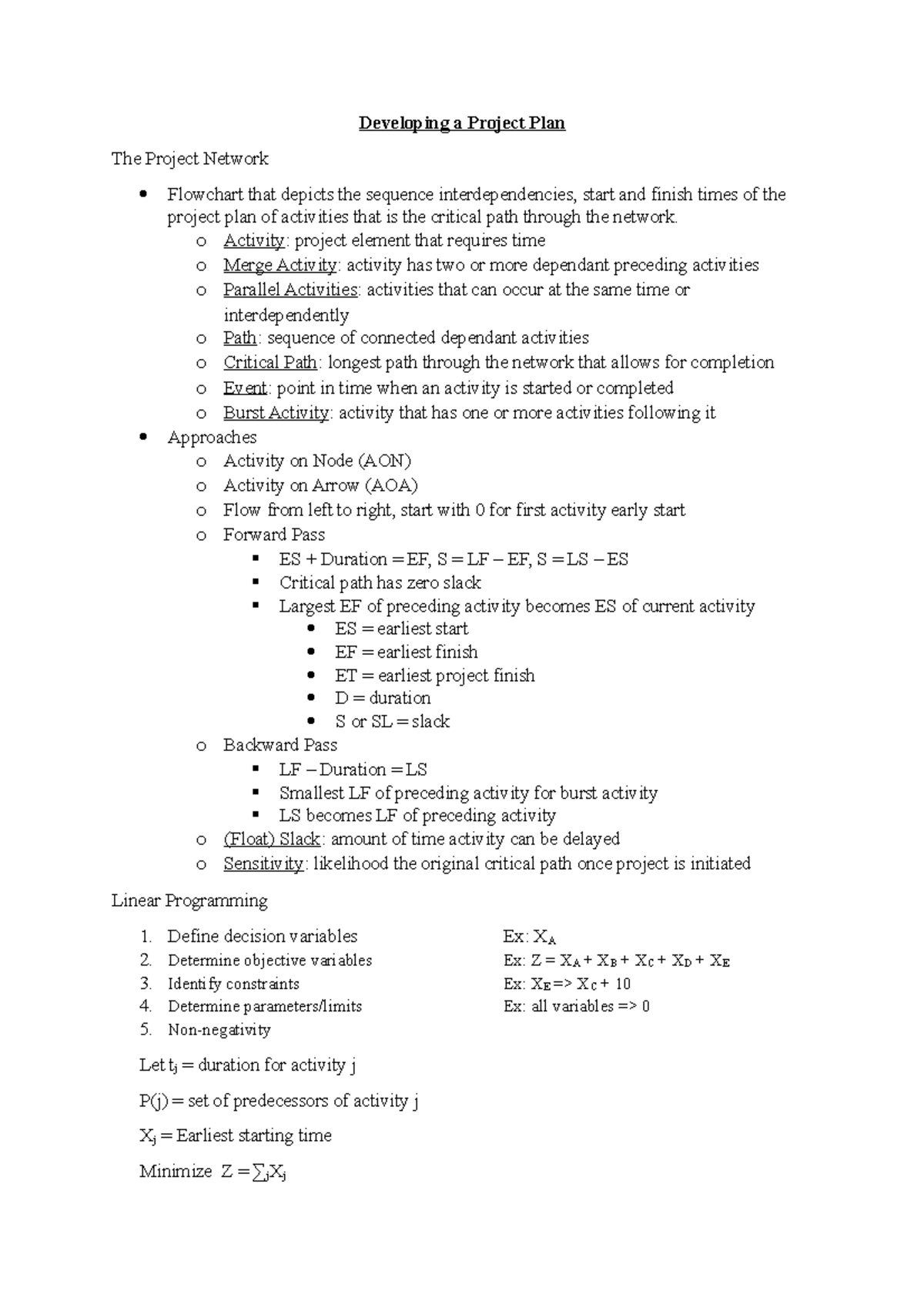 Lecture 6 & 7 (Developing a Project Plan & Linear Programming ...