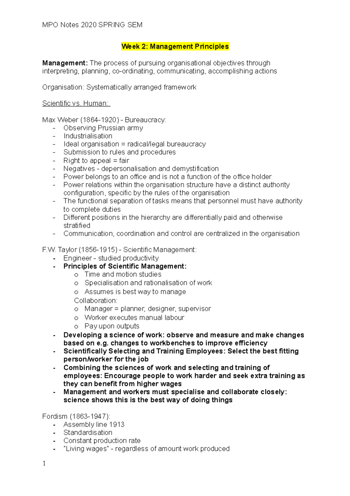 MPO-Notes - notes of the entire subject - Week 2: Management Principles ...