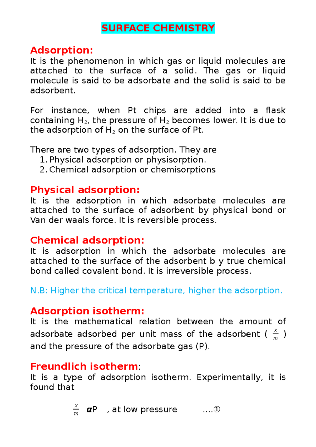 Surface Chemistry - SURFACE CHEMISTRY Adsorption: It is the phenomenon ...