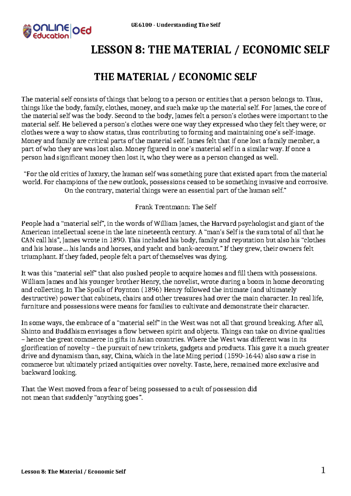Lesson 8 - The Material Economic Self - 1 GE6100 - Understanding The ...
