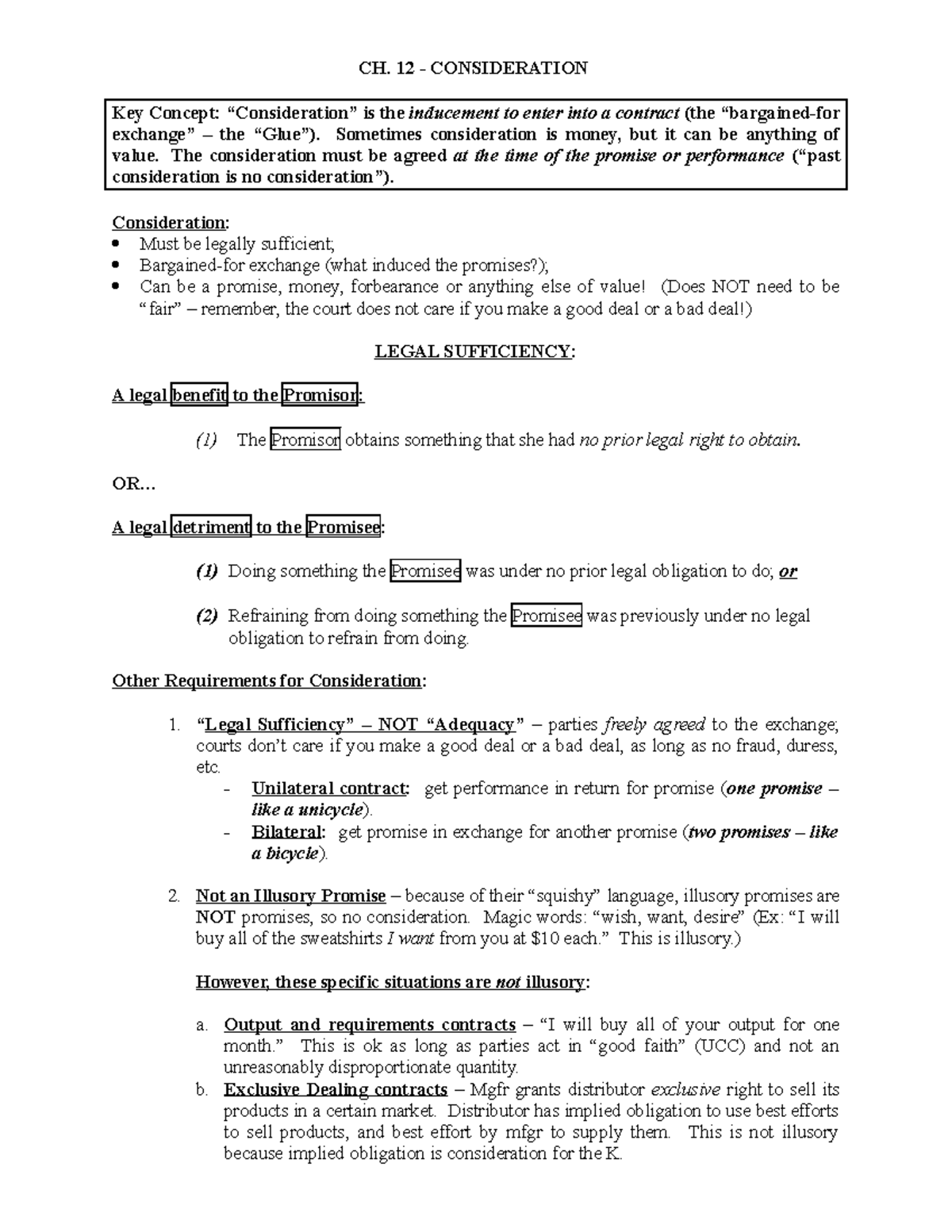 Ch 12 Notes - Consideration - CH. 12 - CONSIDERATION Key Concept ...
