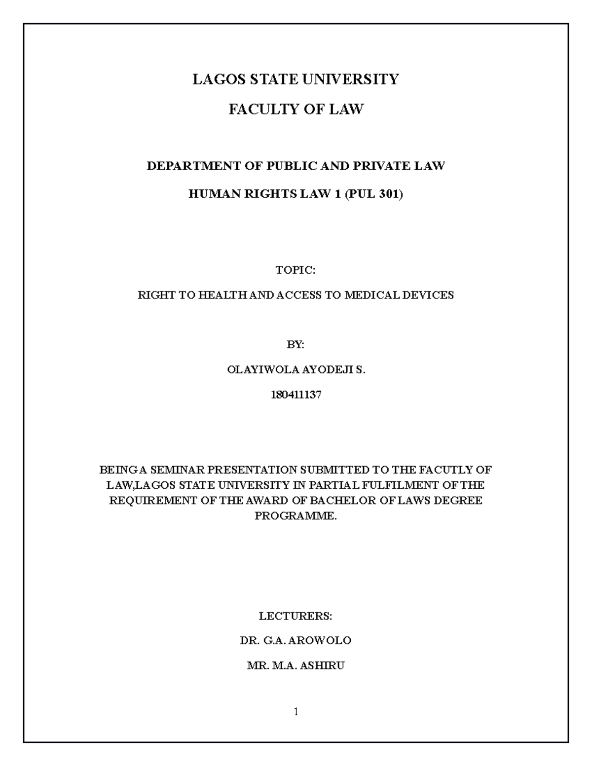 Human right assignment - LAGOS STATE UNIVERSITY FACULTY OF LAW ...