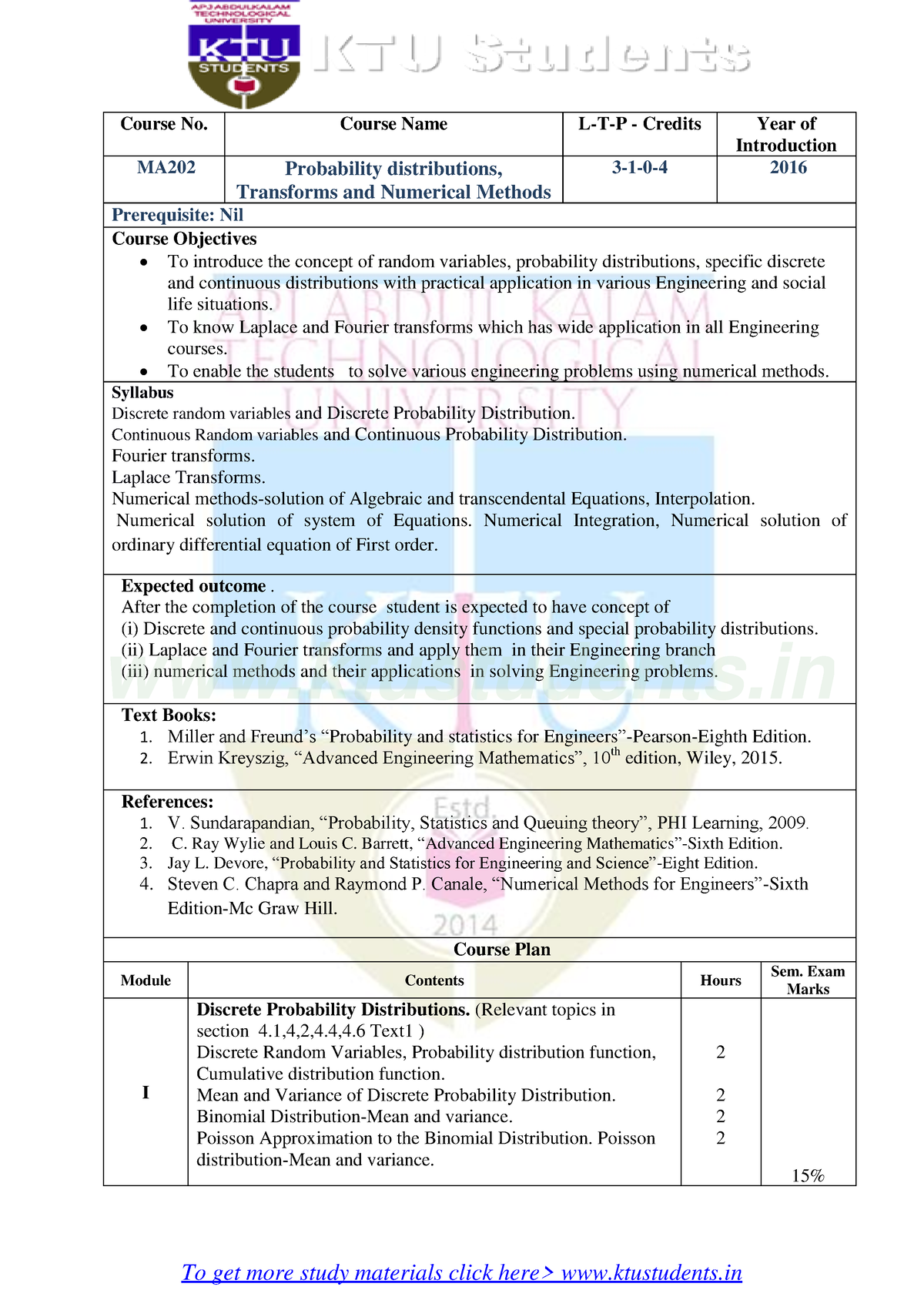 MA202 Probability distributions, transforms and numerical methods ...