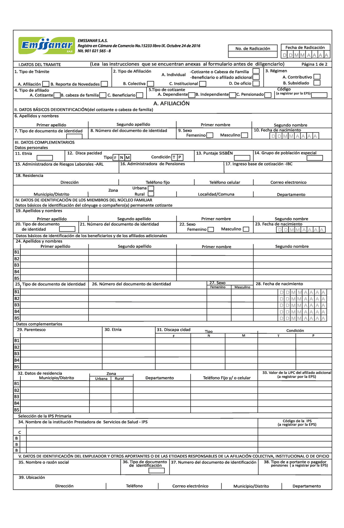 Formulario Único De Afiliaciones Y Registro Novedades - Bienes Civiles ...