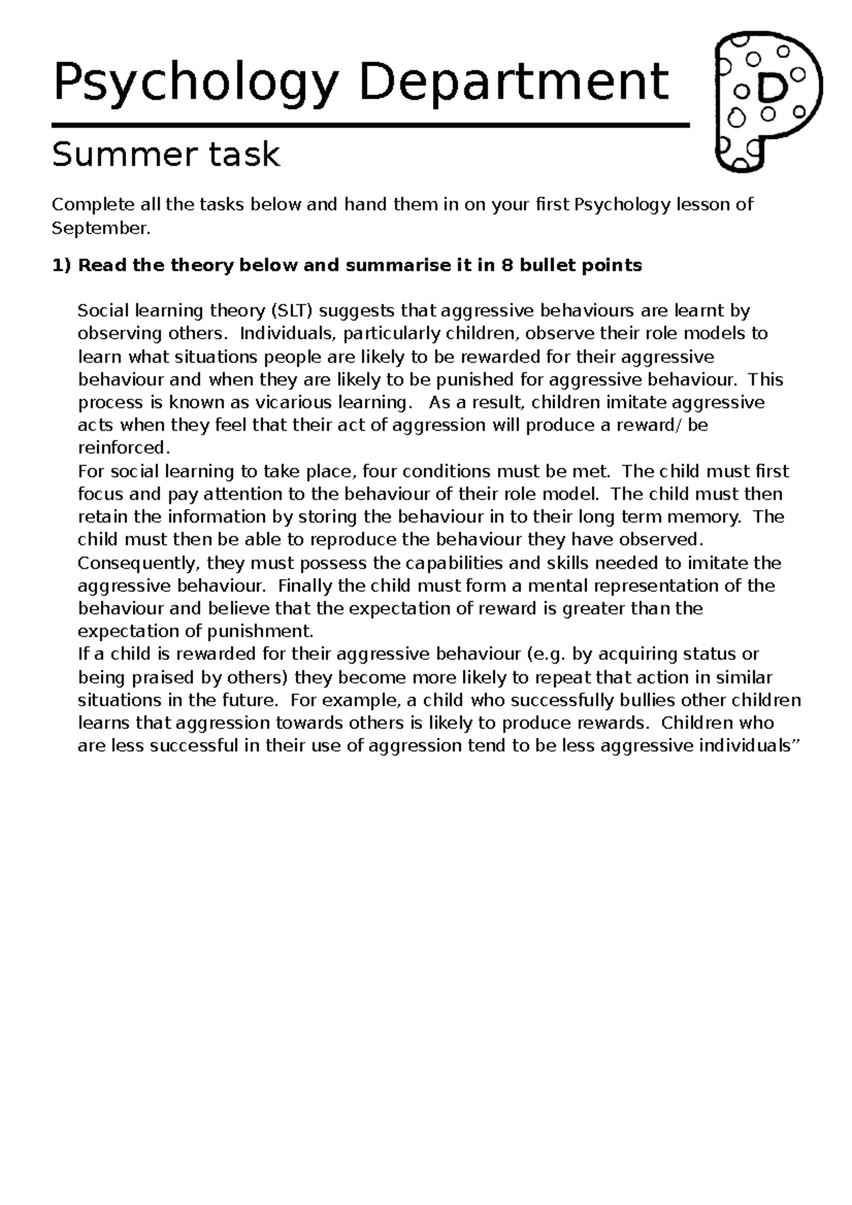 Psychology Summer task - Psychology Department Summer task Complete all ...